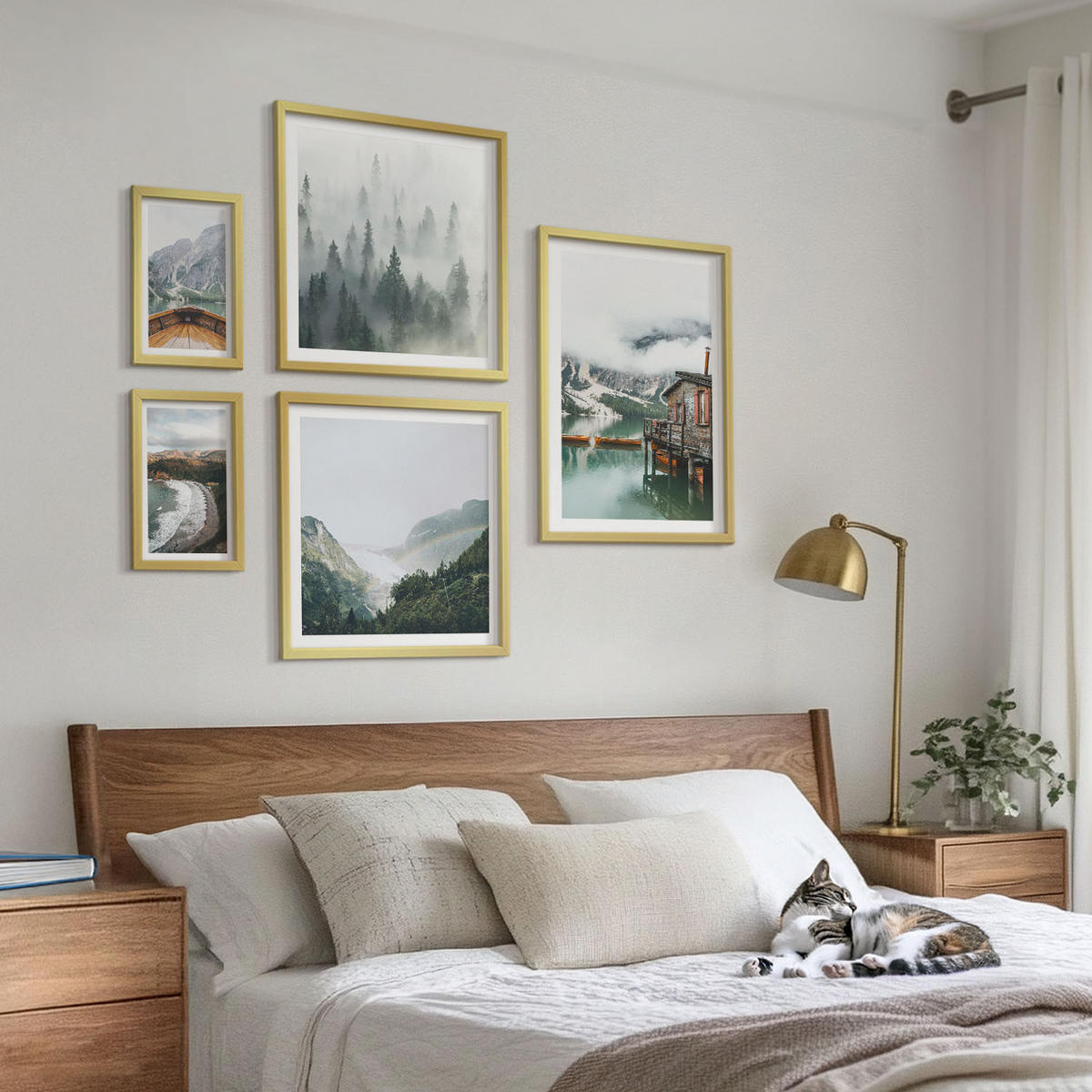 BILDER SET 5er Set - 50x50 cm & 20x30 cm & 40x60 cm Goldrahmen - Berge, See, Boot, Nebel, Strand - Goldfarben, Kunststoff (40/60cm) - TULUP