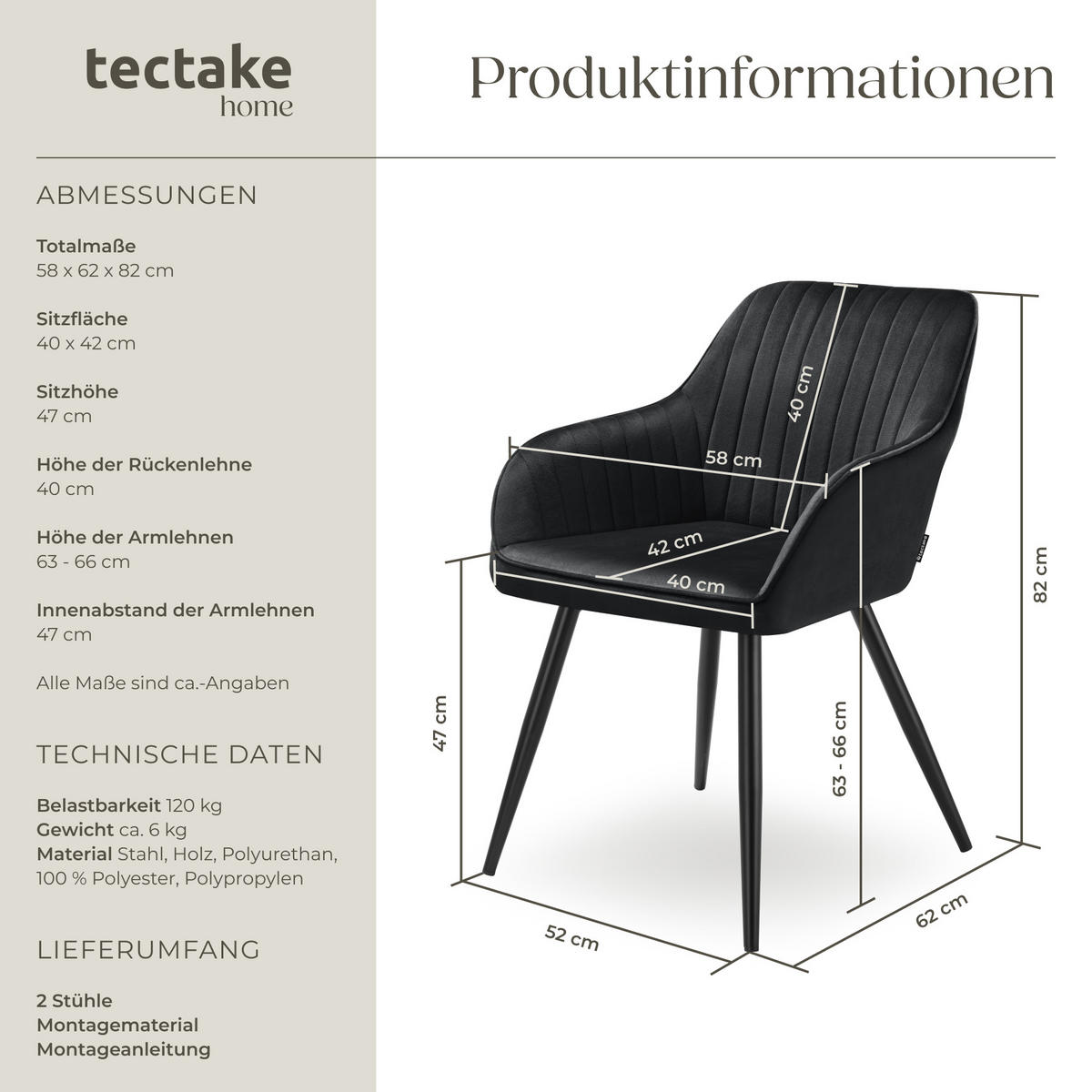 ESSZIMMERSTUHL 2er Set Marilyn 58 x 62 x 82 cm schwarz/schwarz - Schwarz, Metall (58/82/62cm) - tectake
