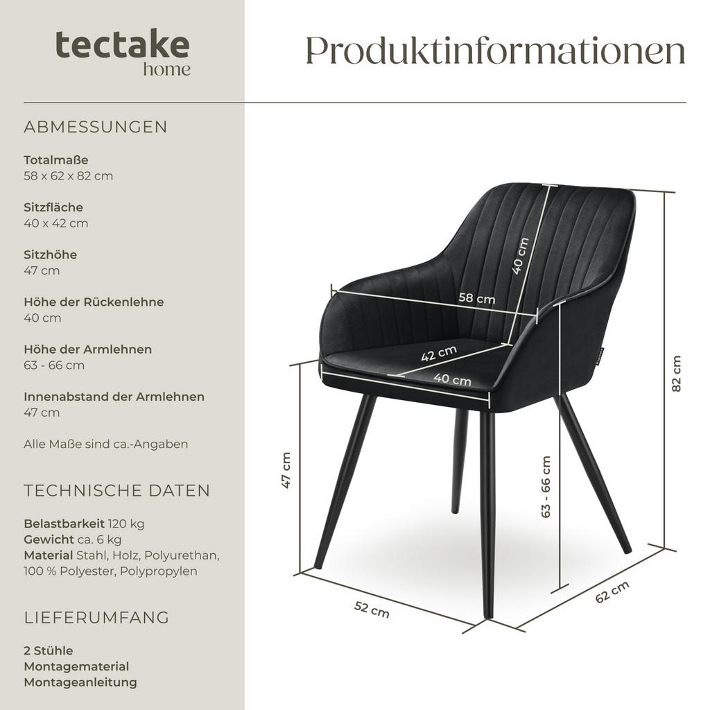 Thumbnail - tectake Esszimmerstuhl, Schwarz, Schwarz, Metall, Pappel, 58x82x62 cm, Esszimmer, Stühle, Esszimmerstühle, Armlehnenstüh...