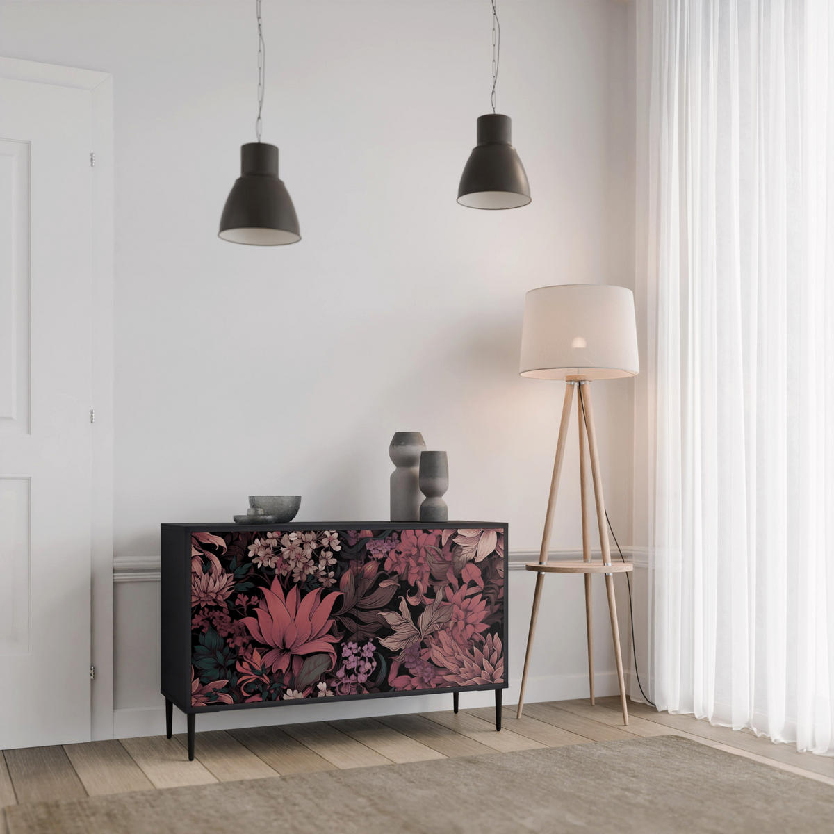 SIDEBOARD FLORAL WHISPER, Eicheneffekt, 111x42x77,5 cm, 2 Türen - Eichefarben/Buchefarben, Holzwerkstoff/Buchenholz (111/77.5/42cm) - SpaceRebels