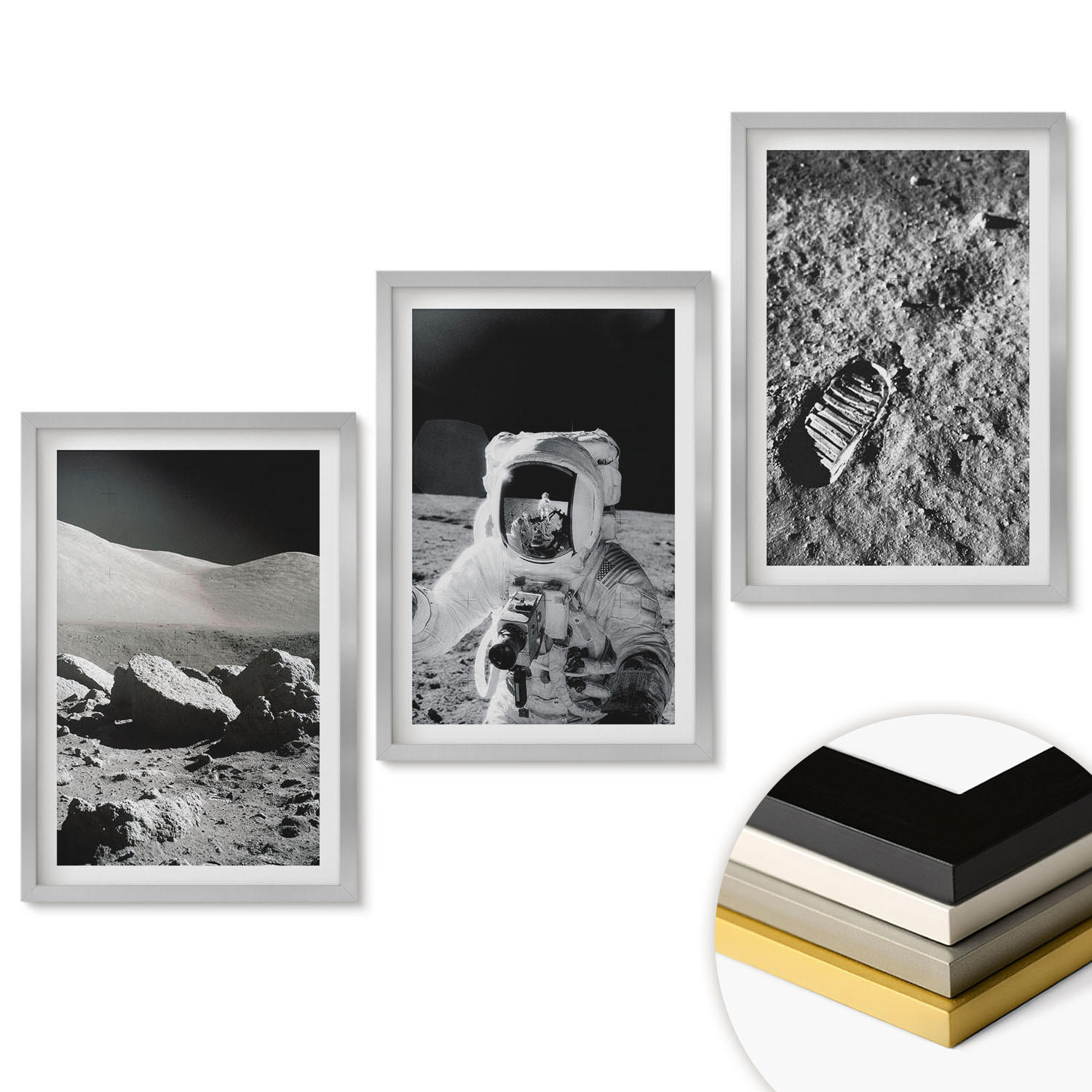 WANDBILDER 3er Set - 40x60 cm Silberner Rahmen - NASA-Fotos vom Mond Astronaut - Silberfarben, Kunststoff (40/60cm) - ArtPrintCave