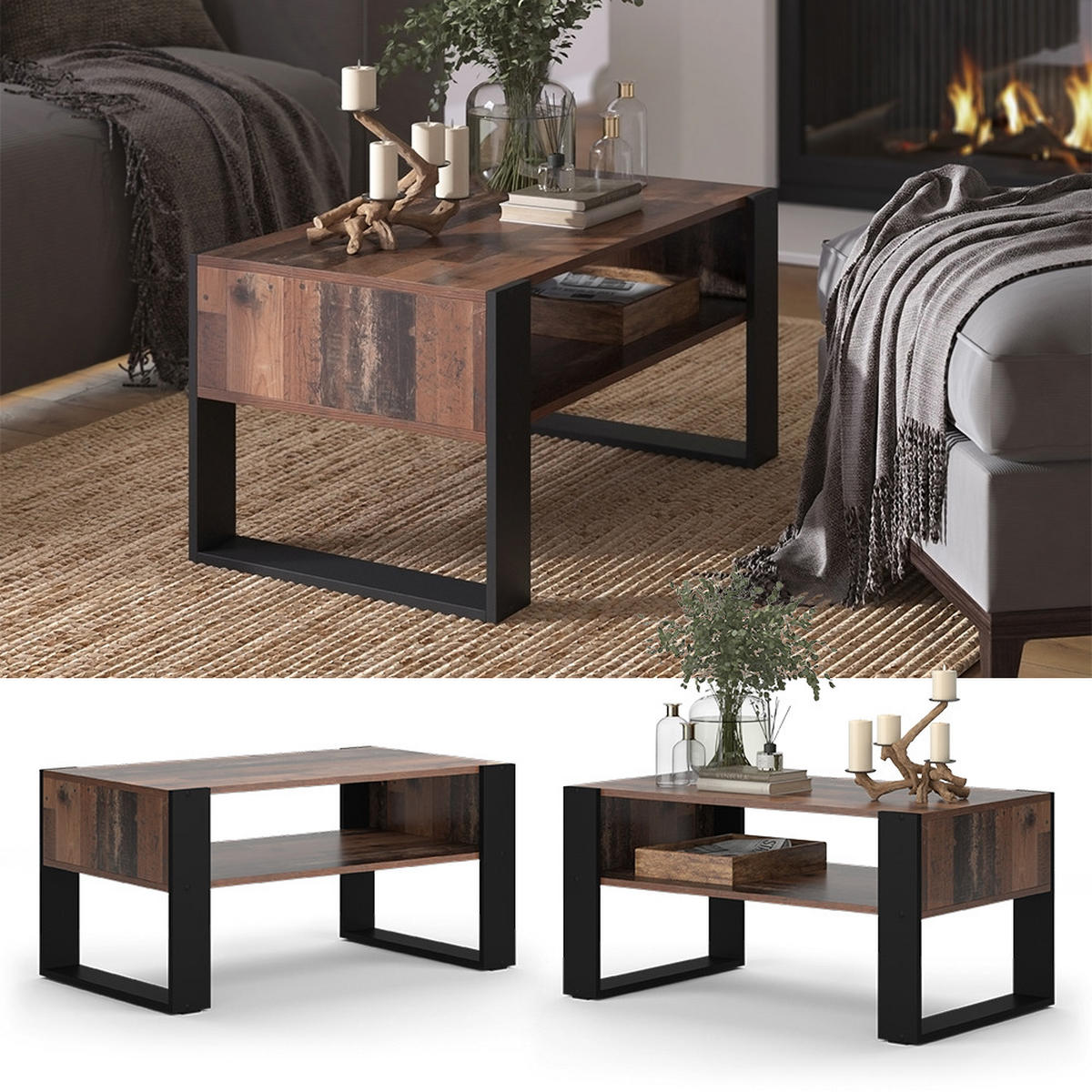 COUCHTISCH Olli Antikholz 92 x 52,4 cm mit Ablage - Eichefarben/Schwarz, Holzwerkstoff (52.4/92/45.6cm) - Vicco