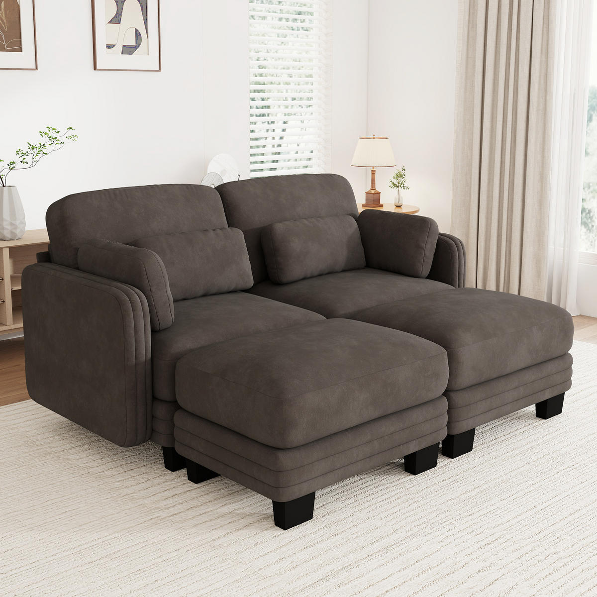 2-SITZER-SOFA mit 2 Ottomanen, DE-42686, Braun - Braun, Holz (176/88/143cm) - ComfortXL