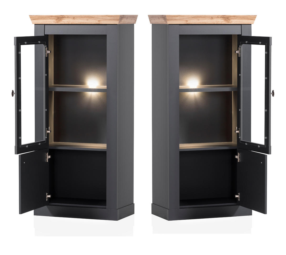 WOHNWAND 4-teilig grau, Eiche Wotan, Landhaus 349 x 170 cm, Wohnkombination mit Soft-Close - Silberfarben/Eiche Wotan, Glas/Holzwerkstoff (349/170/45cm) - Furn.Design