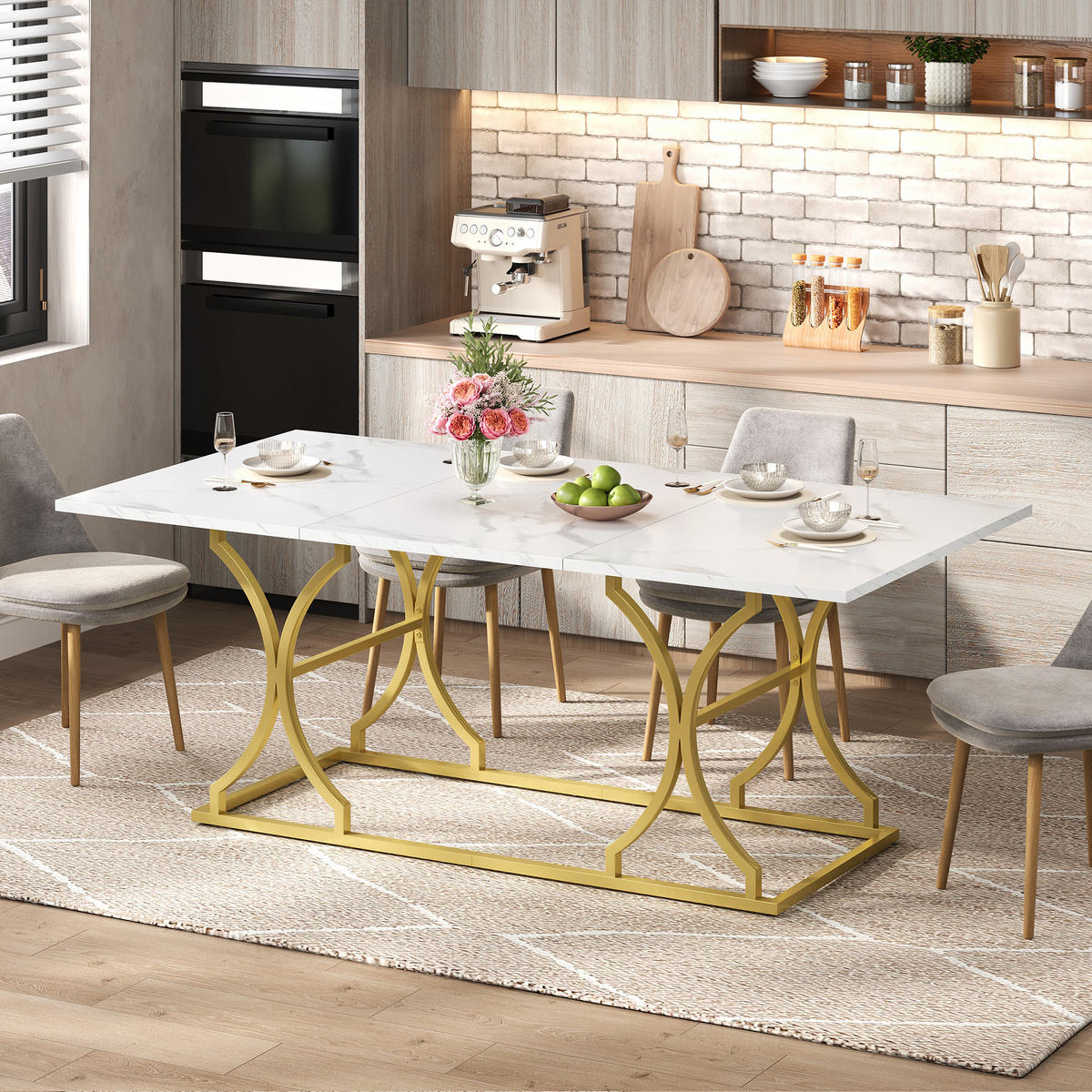 ESSTISCH Weiß + Gold mit Metallbeinen und verstellbaren Fußgleitern 200/80/76 cm - Weiß, Holz (80/200/76cm) - Oxeza