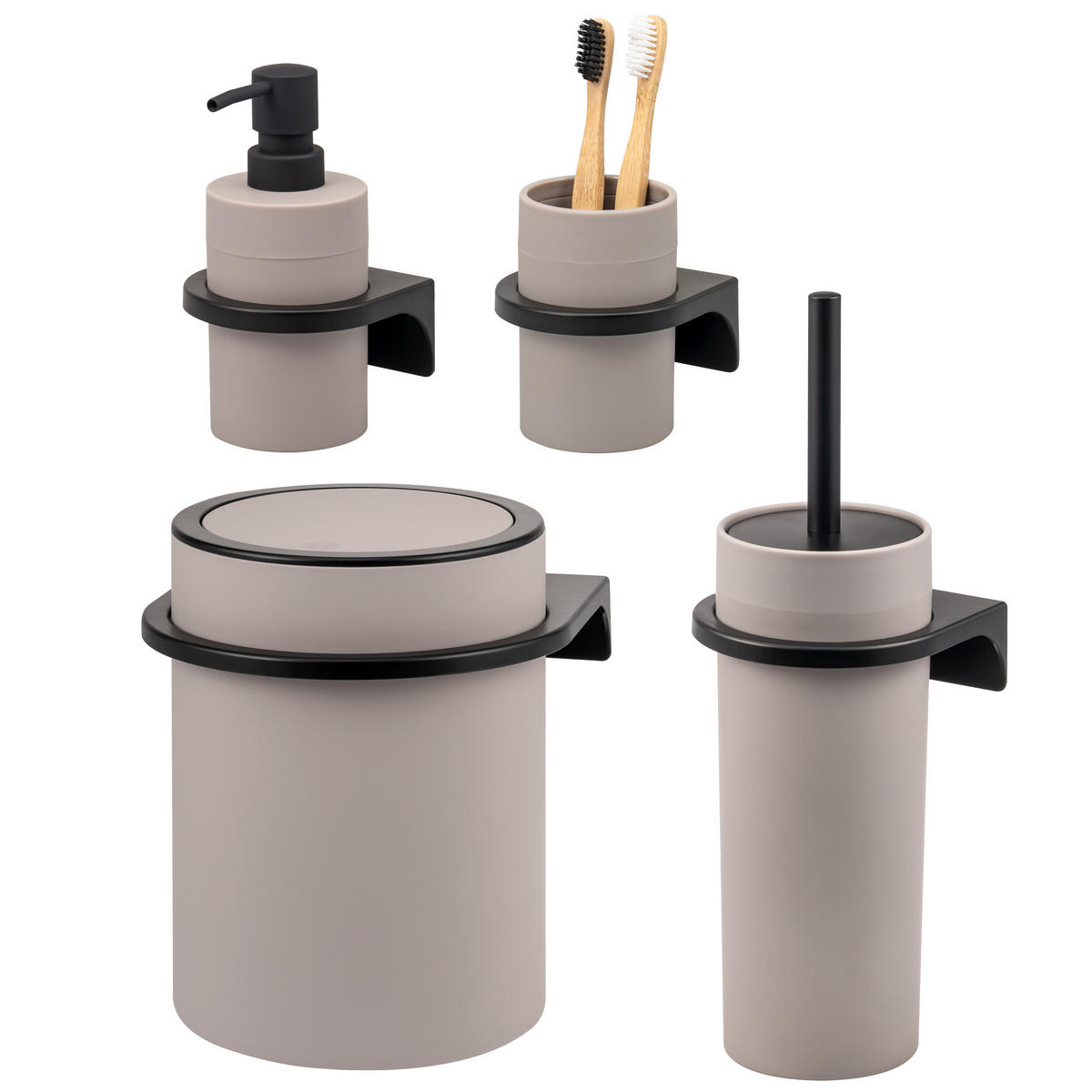 BAD-ACCESSOIRES-SET (4er-Set) SAVONA, Soft-Touch, taupe - Taupe, Kunststoff (19/24.5/19cm) - bremermann