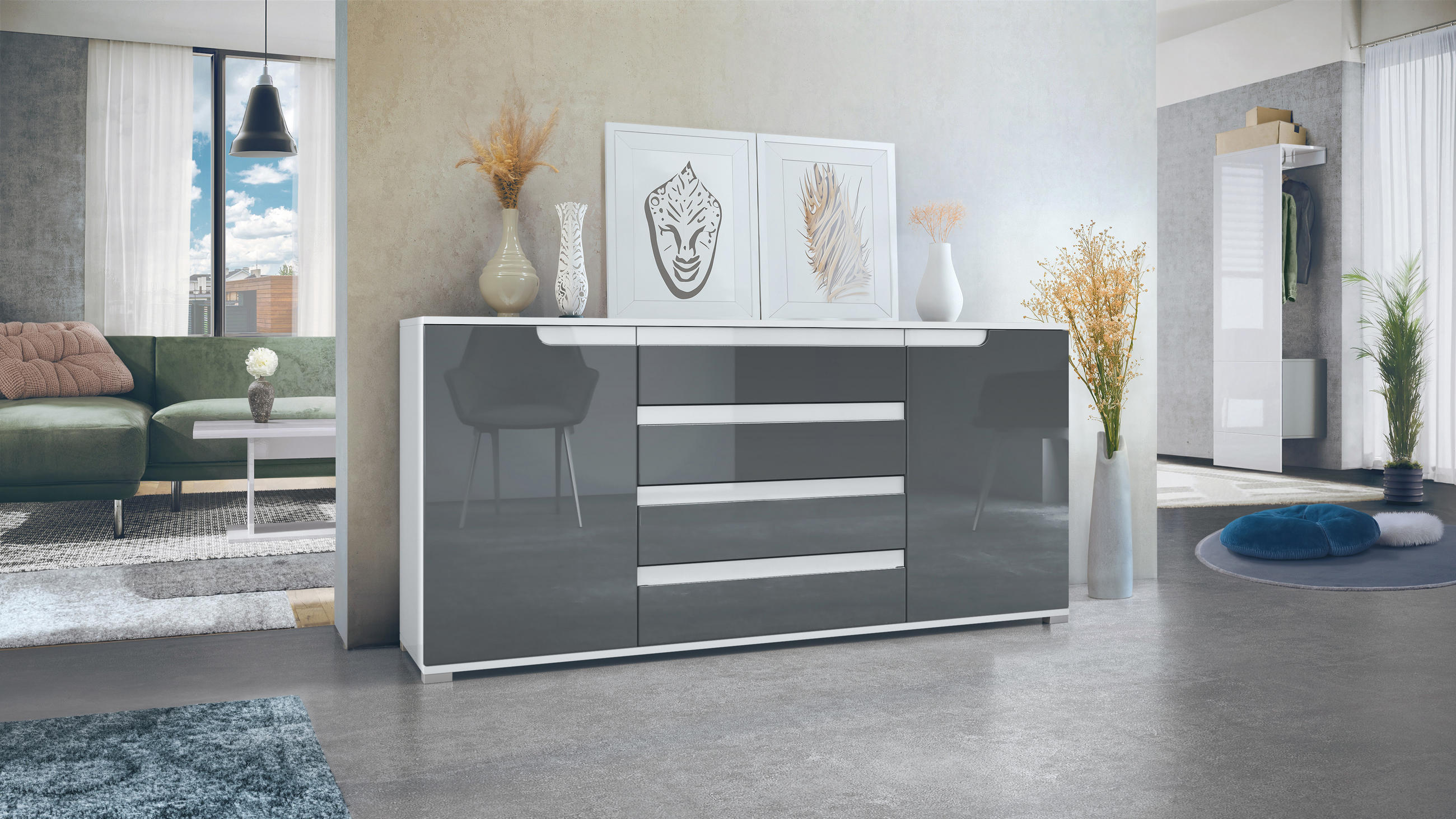 SIDEBOARD Sylt Grau Hochglanz / Weiß Hochglanz - Grau, Holzwerkstoff (166.5/75.5/35cm) - Vladon
