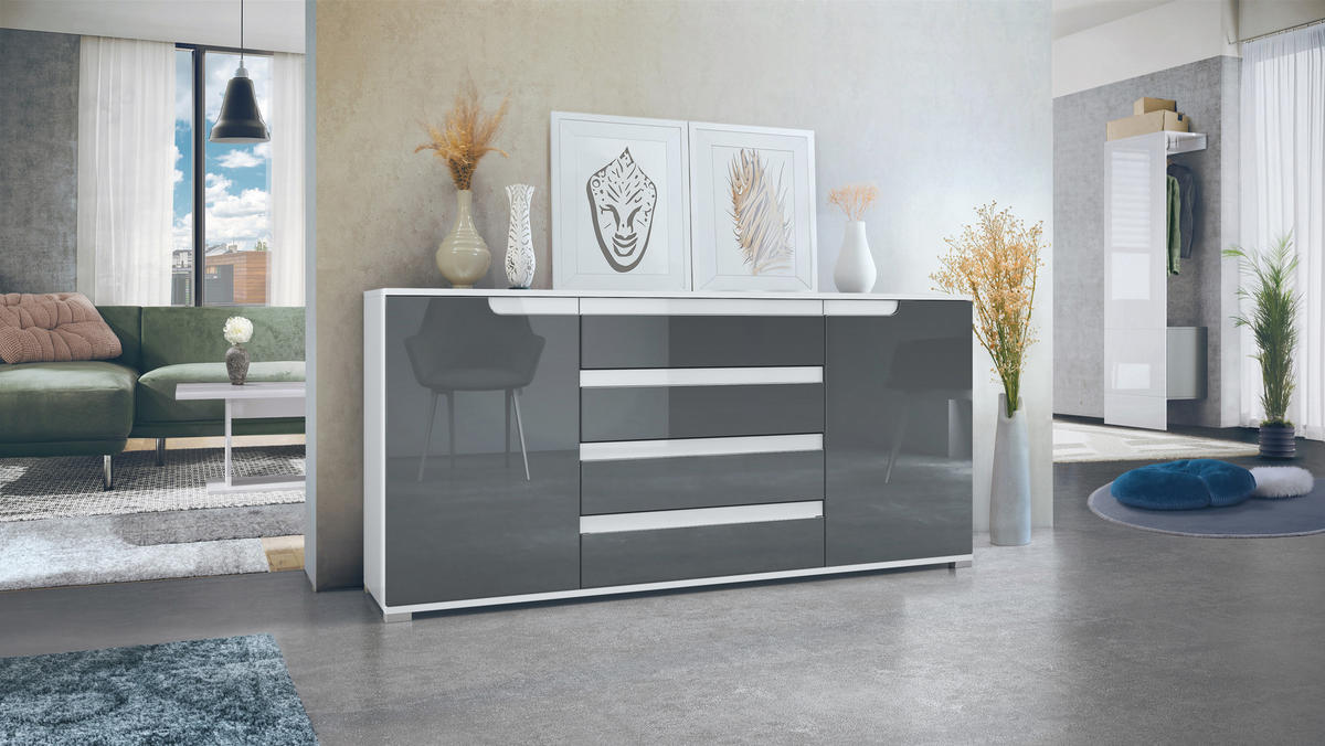 SIDEBOARD Sylt Grau Hochglanz / Weiß Hochglanz - Grau, Holzwerkstoff (166.5/75.5/35cm) - Vladon