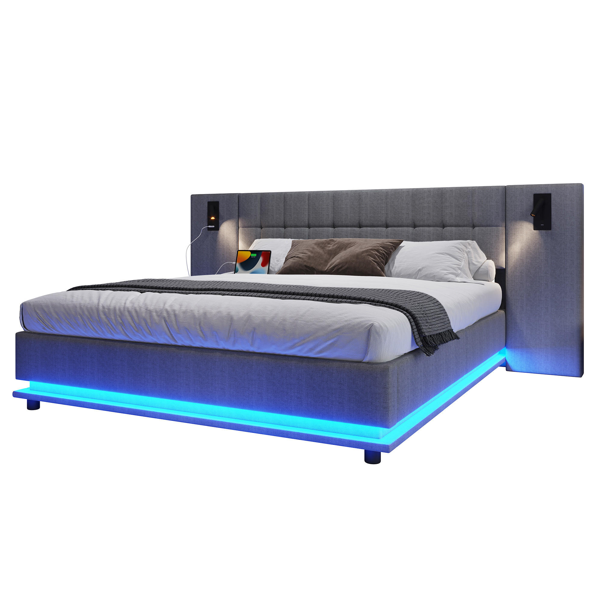POLSTERBETT 180/200 cm Grau aus Leinen mit LED-Leiste und USB - Grau, Textil (180/200cm) - OKMYHOME