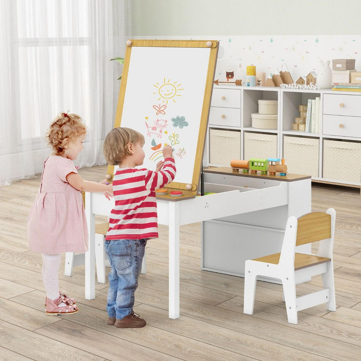 KINDERTISCH mit Stuhl natur(3-tlg) - Naturfarben, Holzwerkstoff (109/55/60cm) - COSTWAY