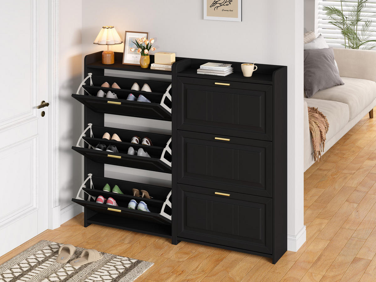 SCHUHSCHRANK 70/24/120 cm schwarz aus MDF/Spanplatte mit 3 Klapptüren 2er-Set - Schwarz, Holzwerkstoff (70/120/24cm) - OKWISH