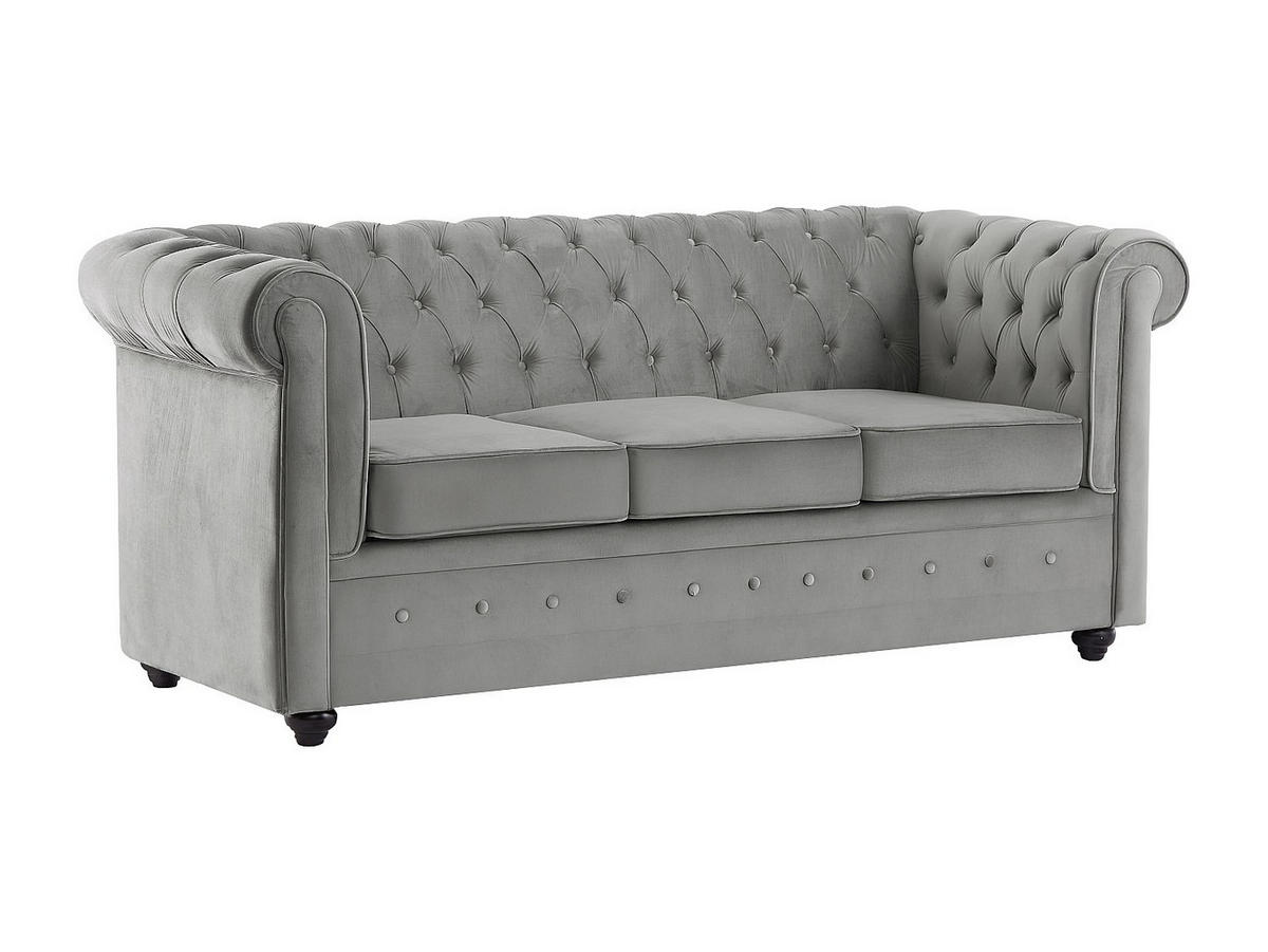SOFA mit Schlaffunktion 3-Sitzer - Samt - Hellgrau - CHESTERFIELD - Hellgrau, Textil (204/85/89cm) - Vente-Unique
