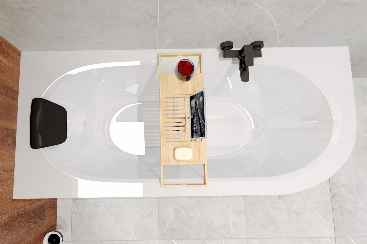 BADEWANNE Eckwanne AVITA 150/75 Links + Styro + Kopfstütze Ablauf Füße - Weiß, Kunststoff (75/55.5/150cm) - bad land