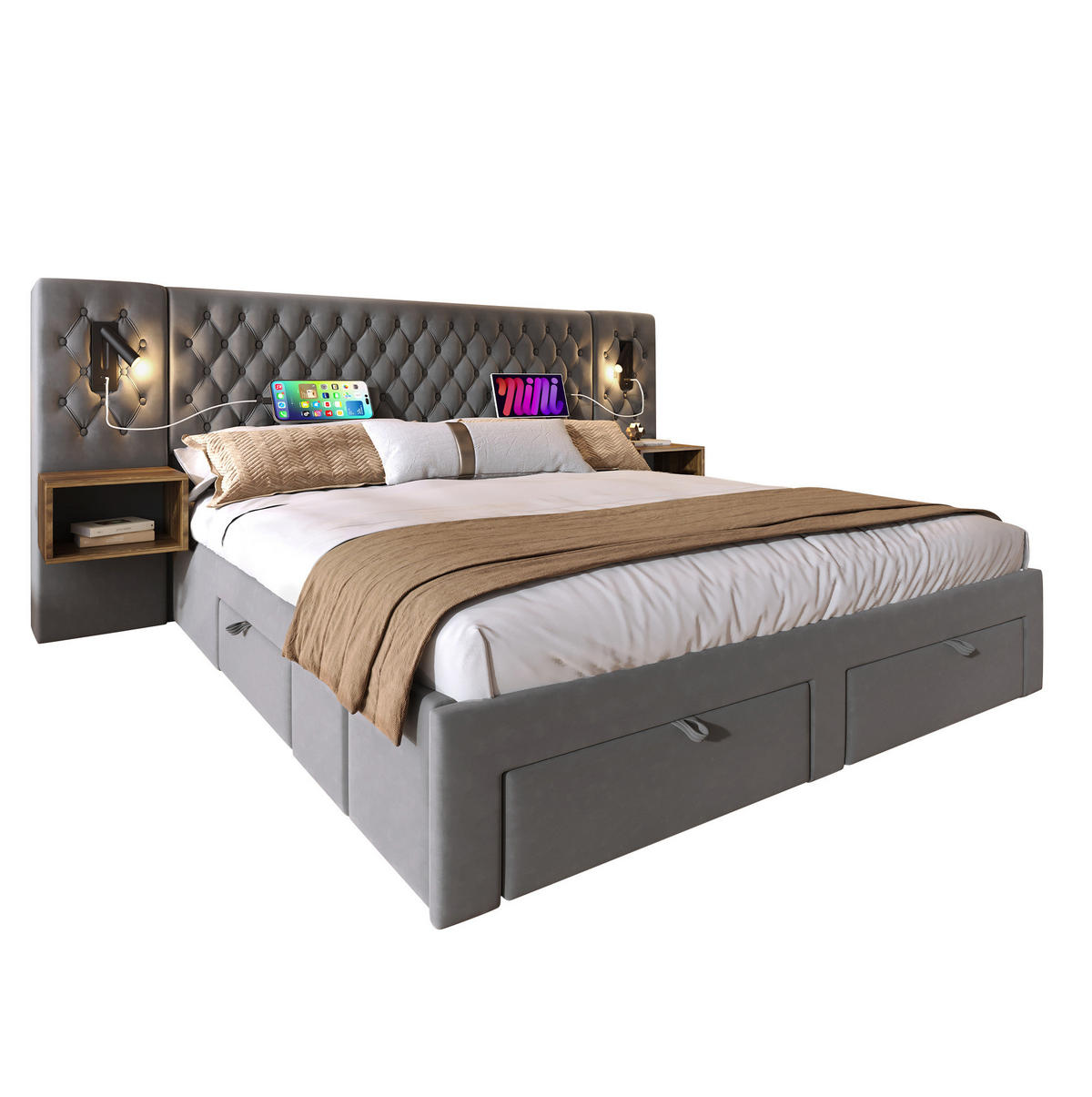 OBLAZINJENA postelja 160/200 cm z 2 nočnima omaricama, 4 predali, LED bralnima lučkama in USB/Type-C, Siva - siva, tekstil (160/200cm) - Redom