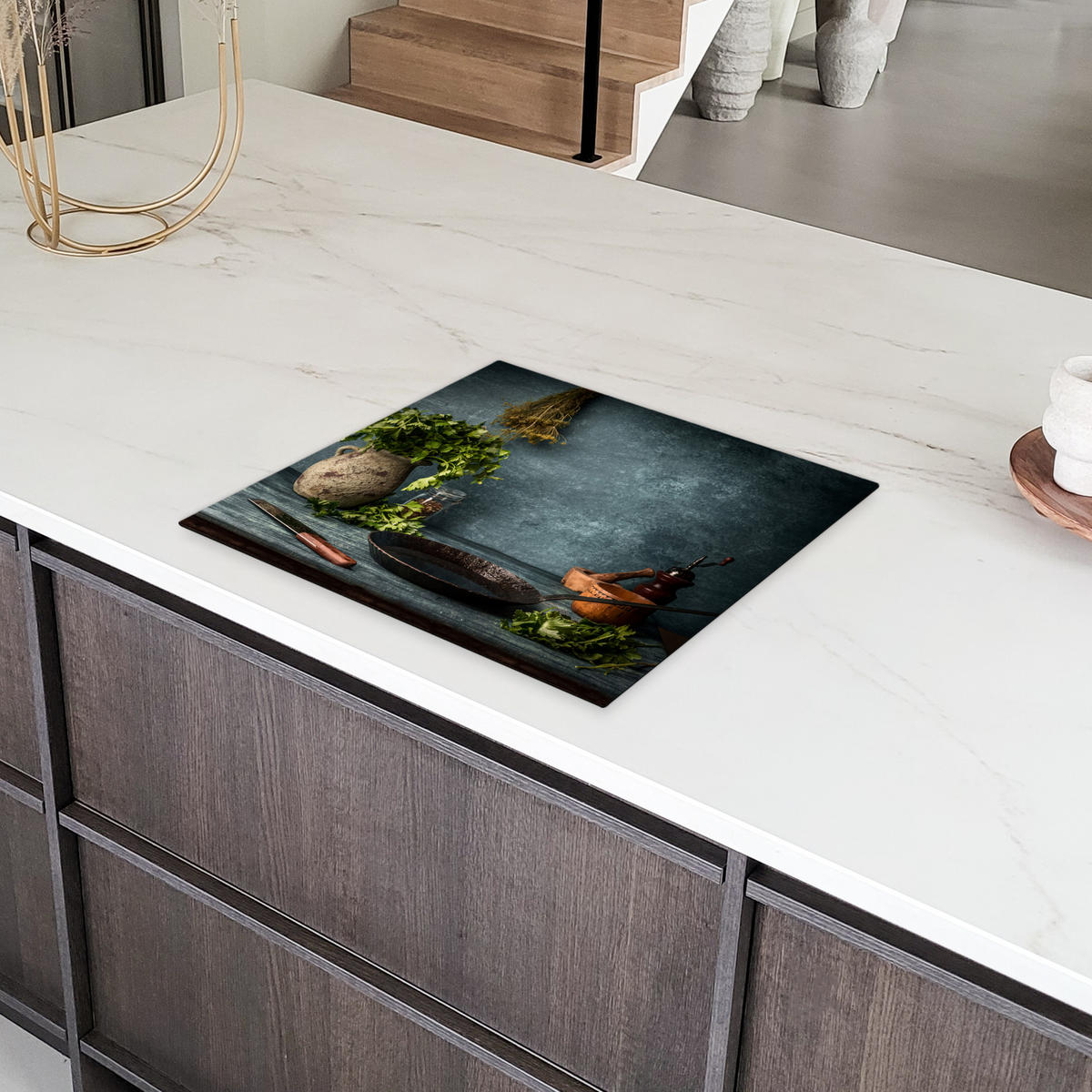 HERDABDECKPLATTE Kräuter - Gewürze - Pfanne - Messer - Grau - Rustikal Abdeckung Ceranfeld 57.6x51.6 cm - Petrol, Kunststoff (57.6/51.6/0.2cm) - MuchoWow