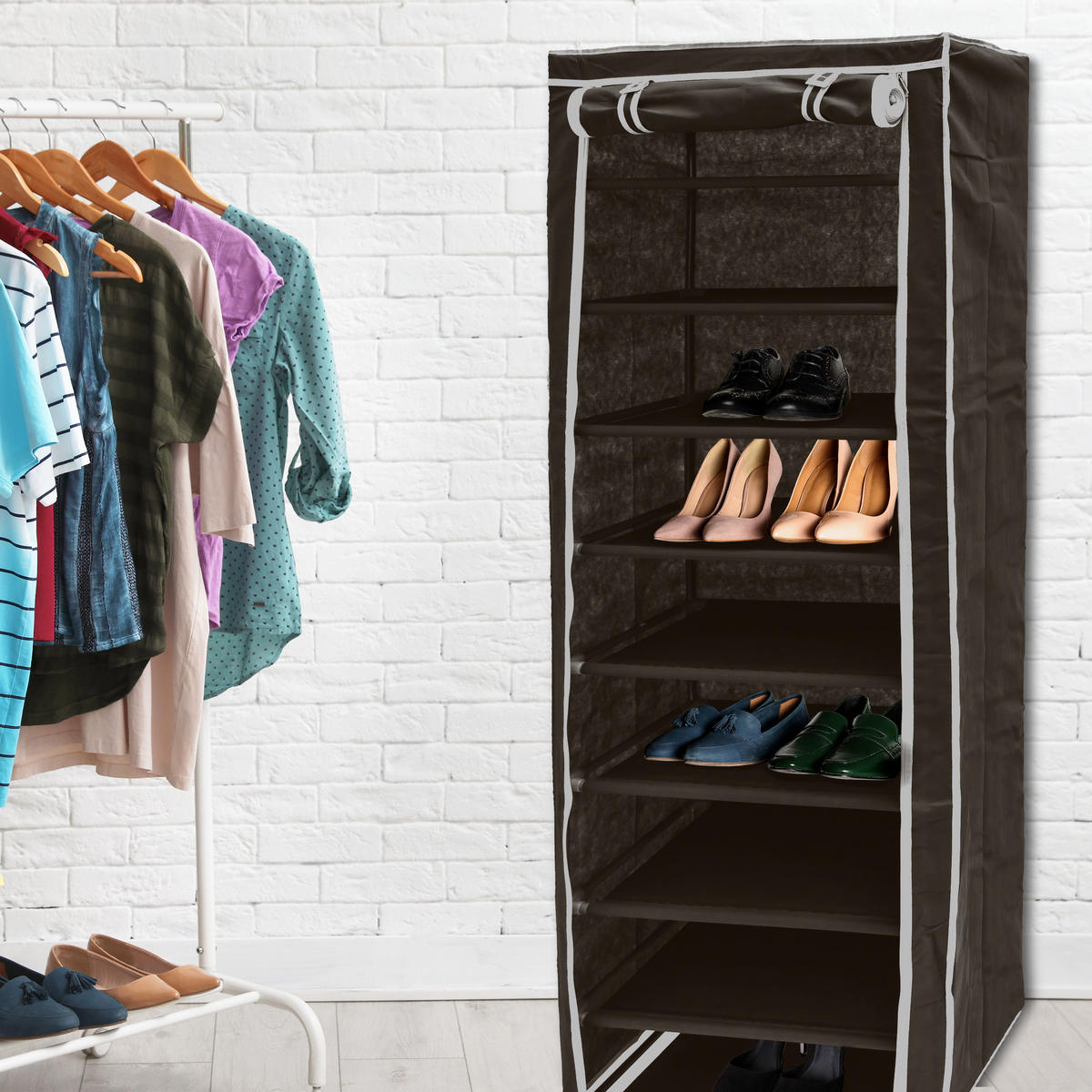 SCHUHSCHRANK - Schwarz, Kunststoff/Textil (107/174/42.5cm) - Relaxdays