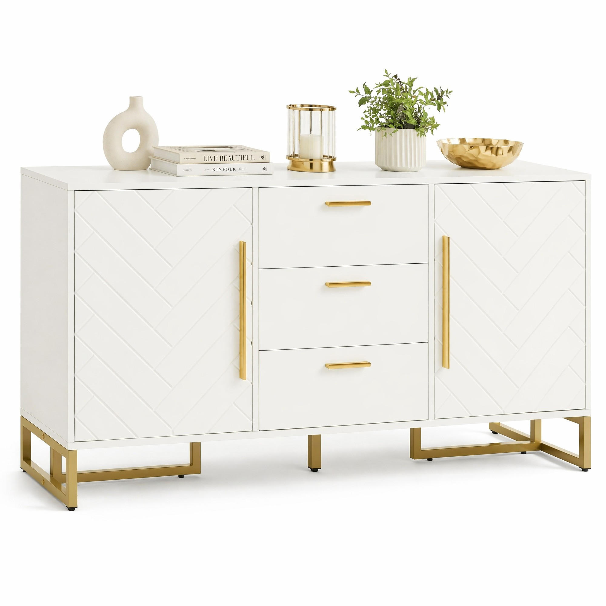 SIDEBOARD in Weiß Anrichte mit 2 Türen und 3 Schubladen für Esszimmer, Wohnzimmer und Küche, B145/T40/H75 cm - Goldfarben/Weiß, Holzwerkstoff/Metall (145/75/40cm) - STILVORA