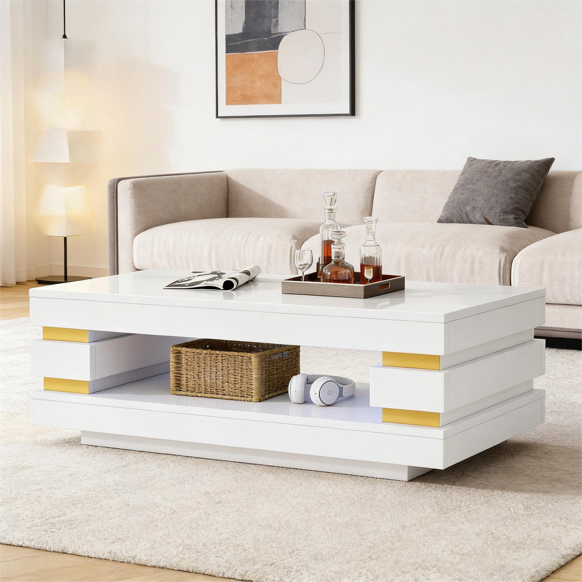 COUCHTISCH LED Weiß 100x50x35cm Stauraum Hochglanz Spanplatte - Weiß, Holzwerkstoff (100/50/35cm) - FLIEKS
