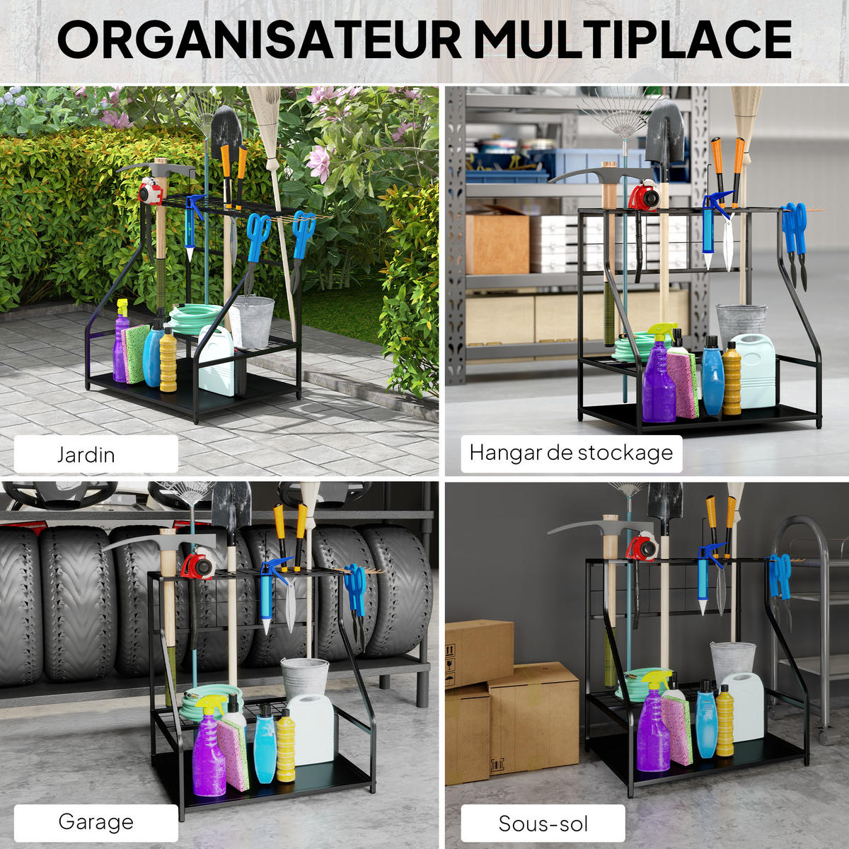 GARTENGERÄTE-ORGANIZER, 3-stöckiger Werkzeughalter mit Haken, 84 x 53 x 73 cm, Orange - Multicolor, Kunststoff (53/73/84cm) - FORIOUS
