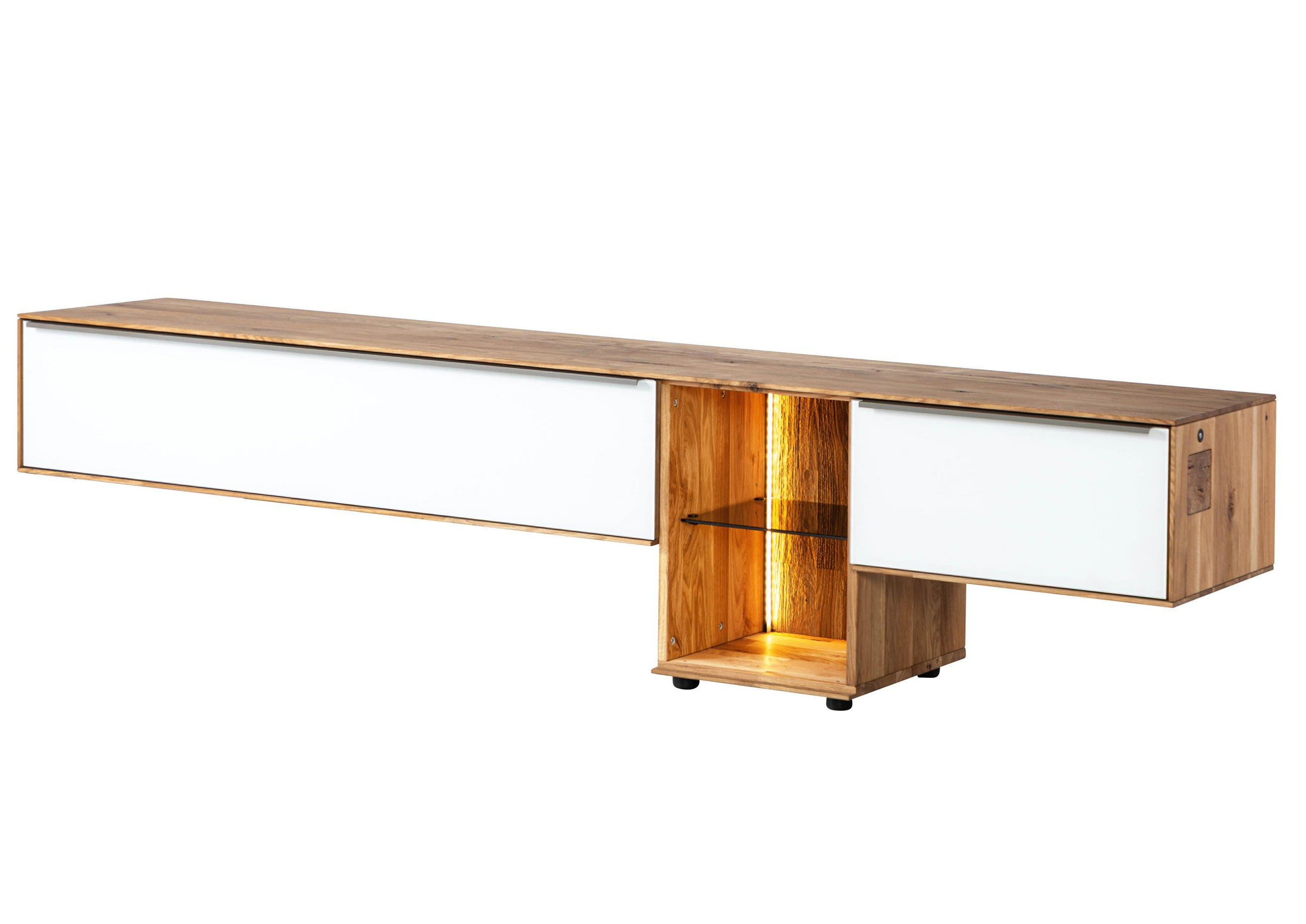 LOWBOARD Wildeiche 240x43x55 natur geölt / Glas weiß WIEN #110 - Naturfarben, Holz (240/55/43cm) - Massivmoebel24