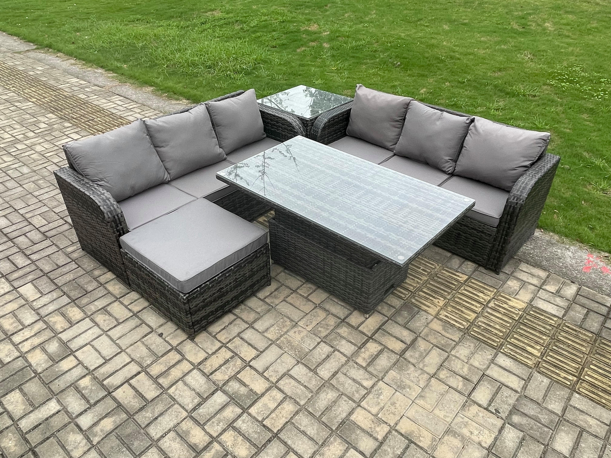 GARTENSOFA SET Polyrattan 7-Sitzer - Dunkelgrau/Grau, Glas/Kunststoff - Fimous