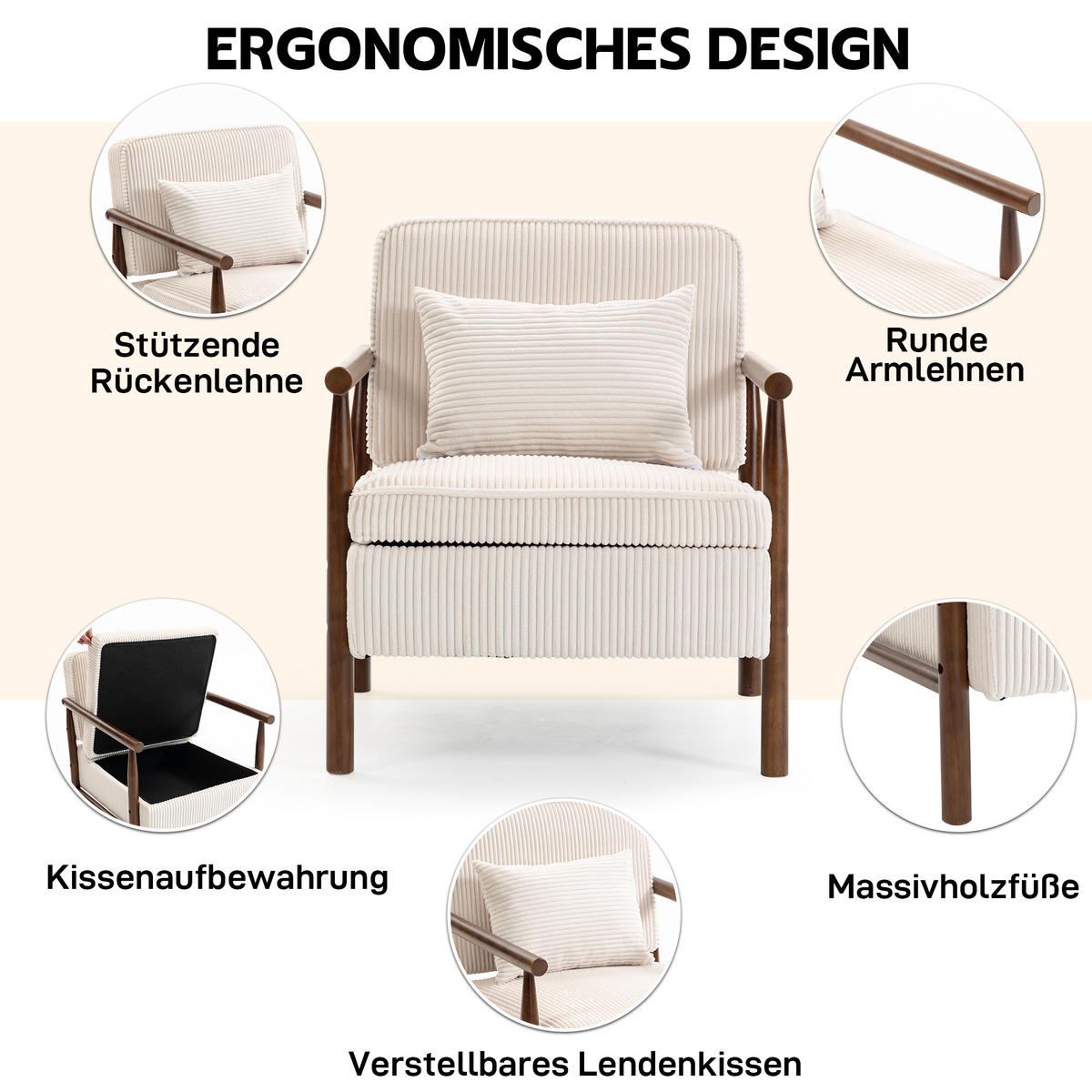 SESSEL Samt Weiß mit Stauraum und Kissen - Weiß, Holzwerkstoff/Textil (93/73/66cm) - WISHDOR