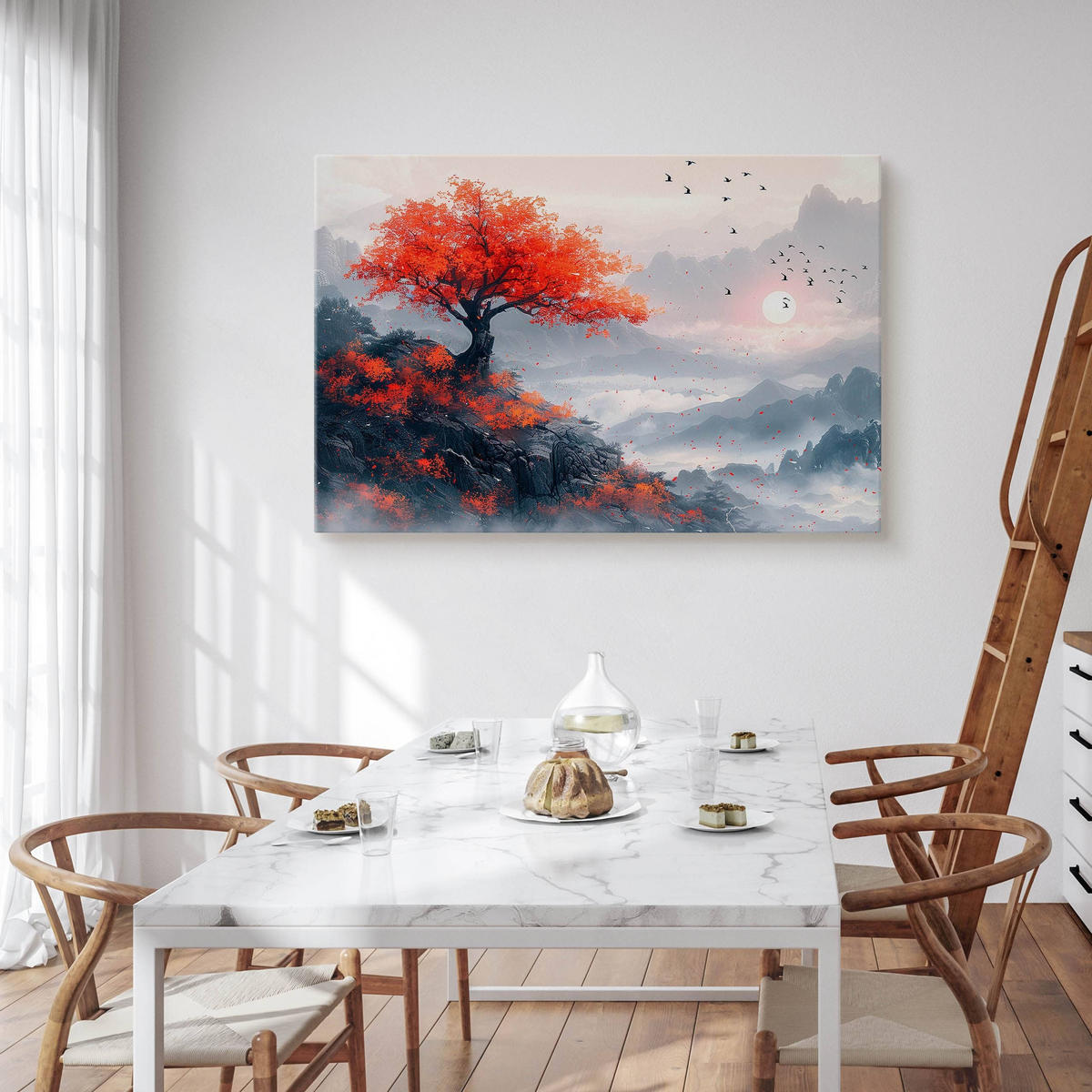 LEINWANDBILD für Esszimmer Baum Berge Landschaft 70cm x 50cm - Beige/Rot, Textil (70/50cm) - Muralo