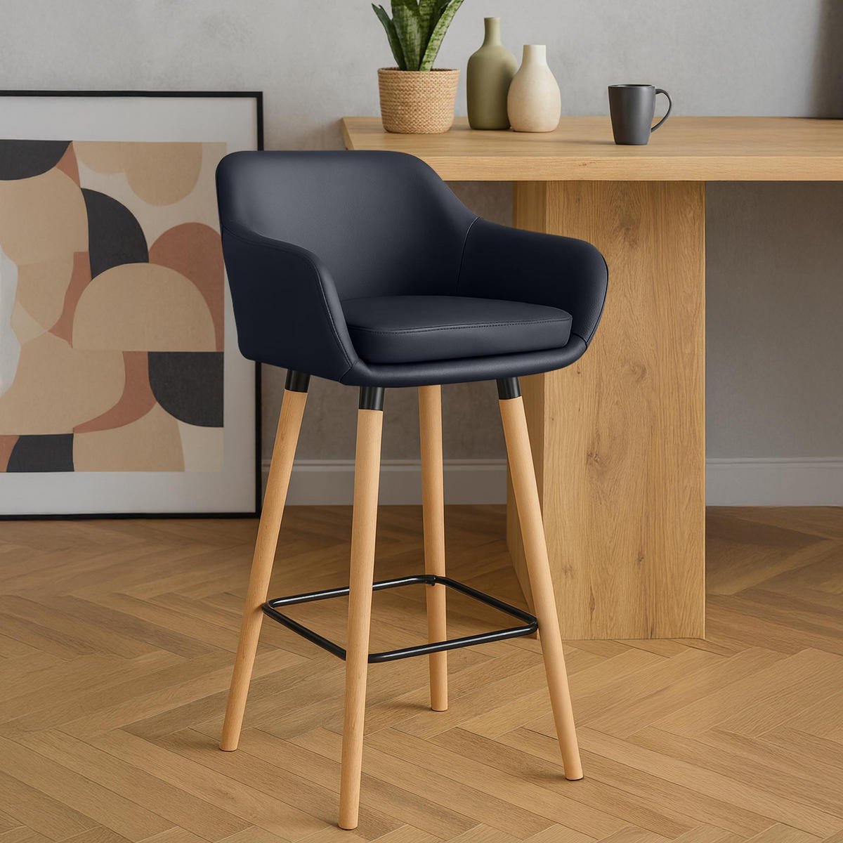BARHOCKER Lederlook Schwarz - Eukalyptusholzfarben/Schwarz, Holz/Textil (55/99/46cm) - CLP