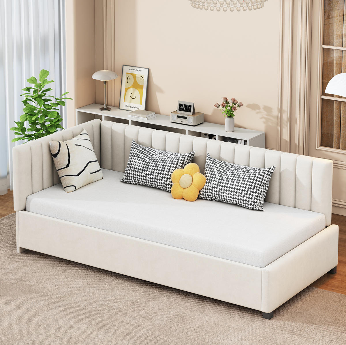 ČALÚNENÁ posteľ 90x200 cm béžová z zamatu s lamelovým roštom, úložným priestorom a flexibilným operadlom - béžová, koža (90/200cm) - Modfu