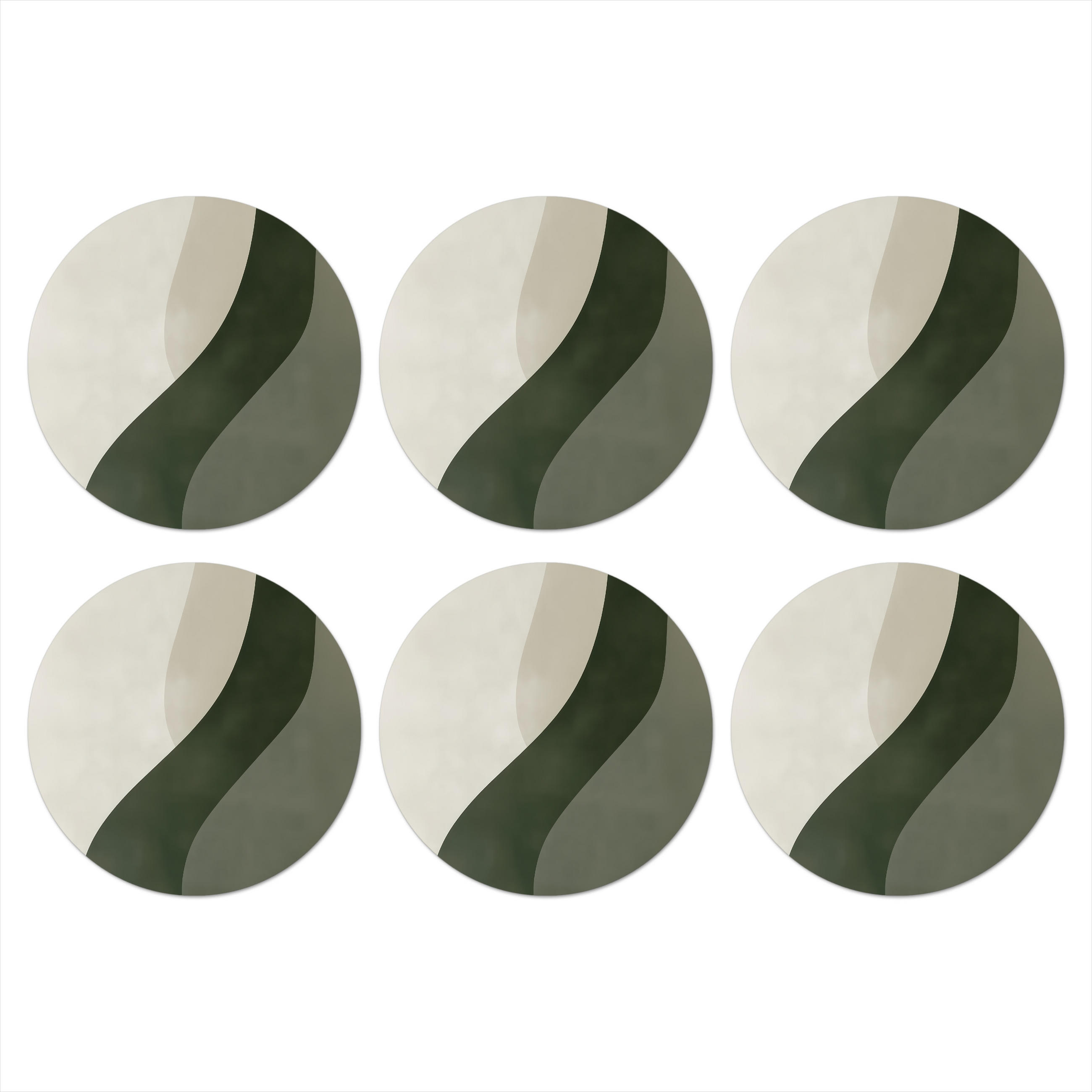 GLASUNTERSETZER 6er-Set Rund Japandi - Grün - Abstrakt - Modern 10x10 cm - Salbeigrün, Naturmaterialien (10/0.2cm) - MuchoWow