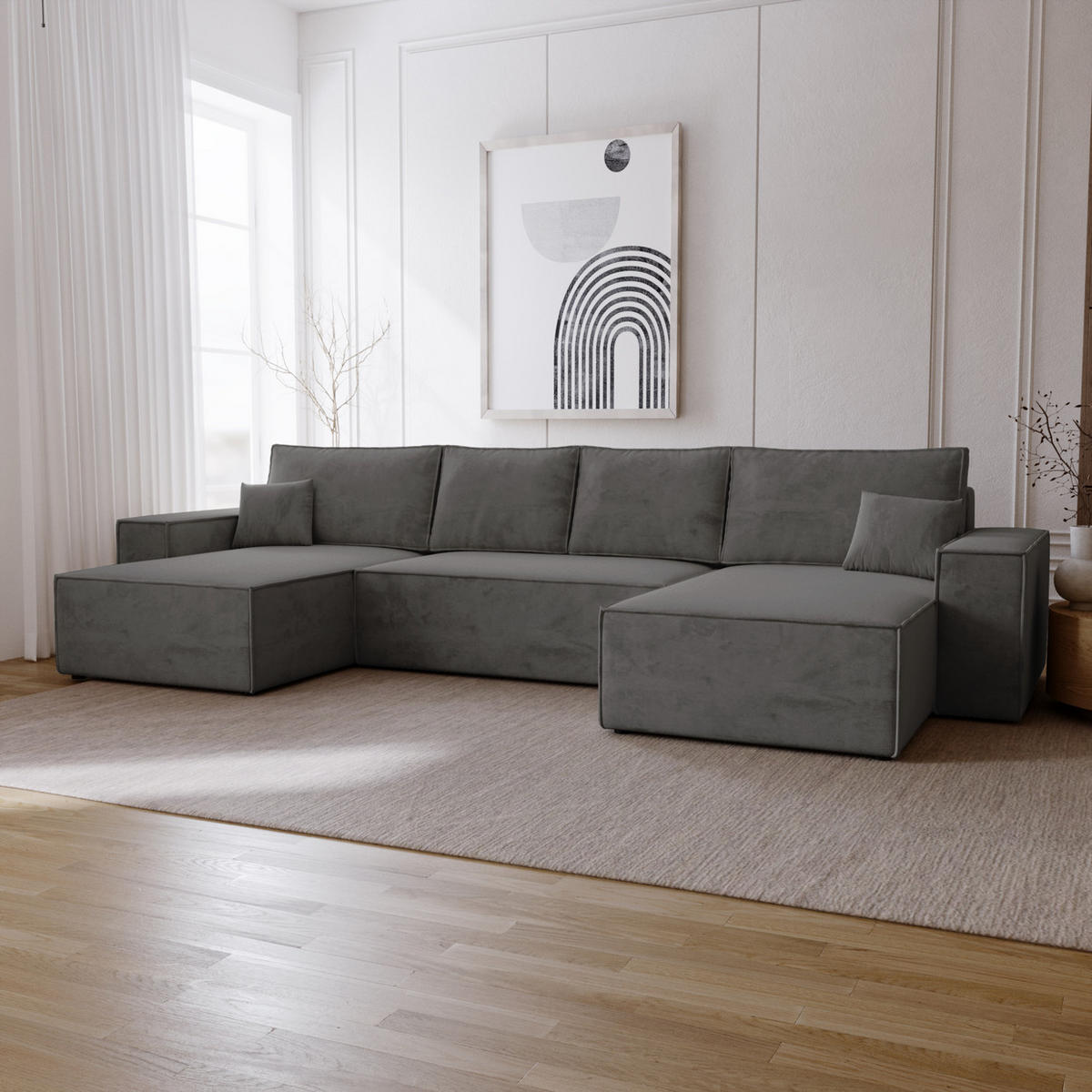ECKSOFA 380 cm Bergamo U mit Bettkasten, Samt, Dunkelgrau - Dunkelgrau, Holz (377/189cm) - Emporius