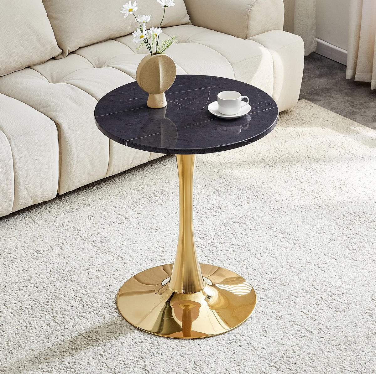 BEISTELLTISCH 60/60/72 cm mit runder MDF-Tischplatte in Marmoroptik und Metallgestell, Schwarz/Gold - Schwarz, Holzwerkstoff (60/60/72cm) - Redom
