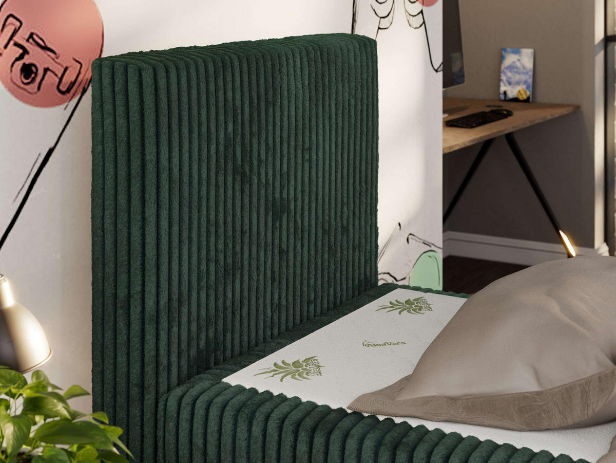 JUGENDBETT TILIO DUO 90/200 - Dunkelgrün Cord - H4 - Links Seite - Dunkelgrün, Textil (90/200cm) - MKS