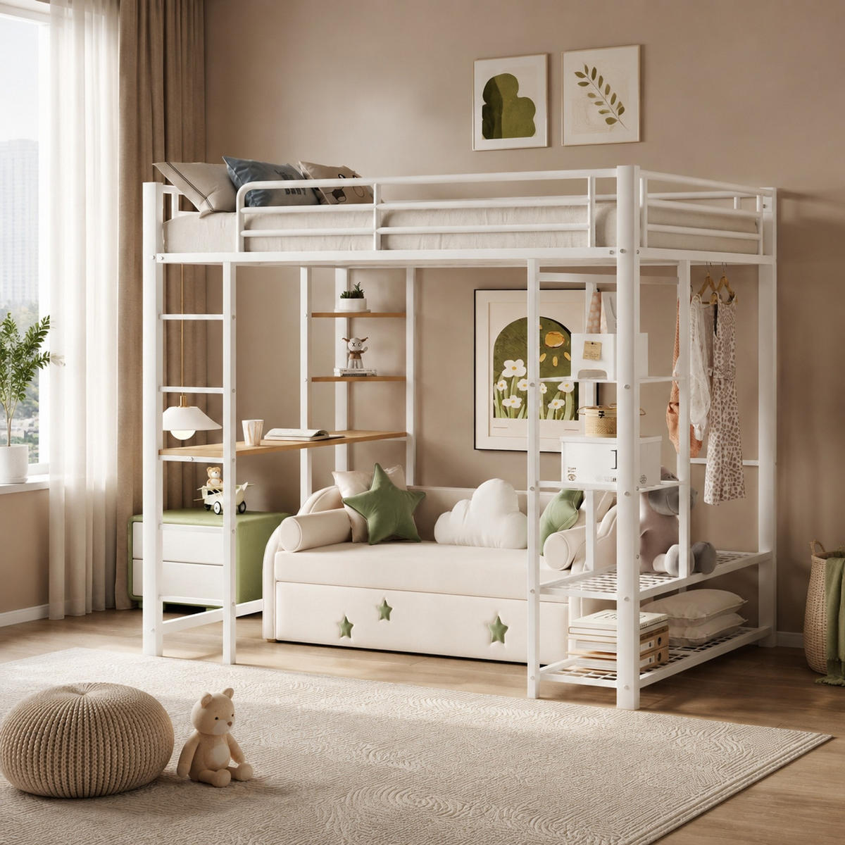 HOCHBETT 90/200 mit Schreibtisch, Regalen und Kleiderschrank in Weiß - Weiß, Holz/Metall (90/200cm) - EVRYAE