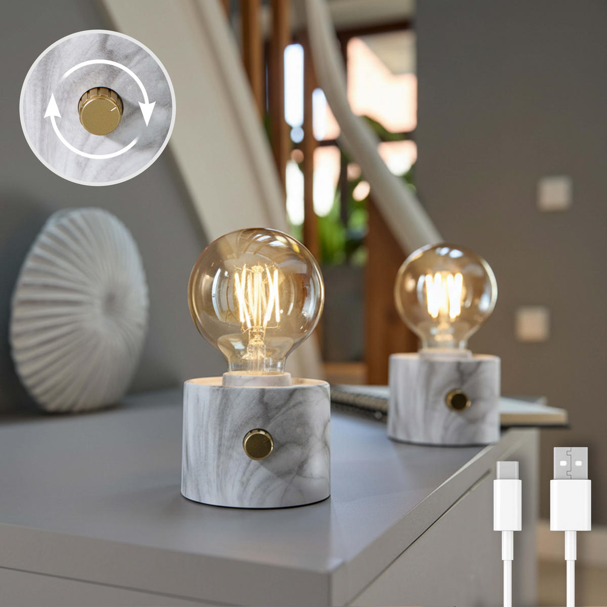 LED-TISCHLAMPE Vintage Edison dimmbar 10x9x16cm 2er-Set Marmor - Weiß Hochglanz, Kunststoff (10/8.7/16cm) - Northpoint