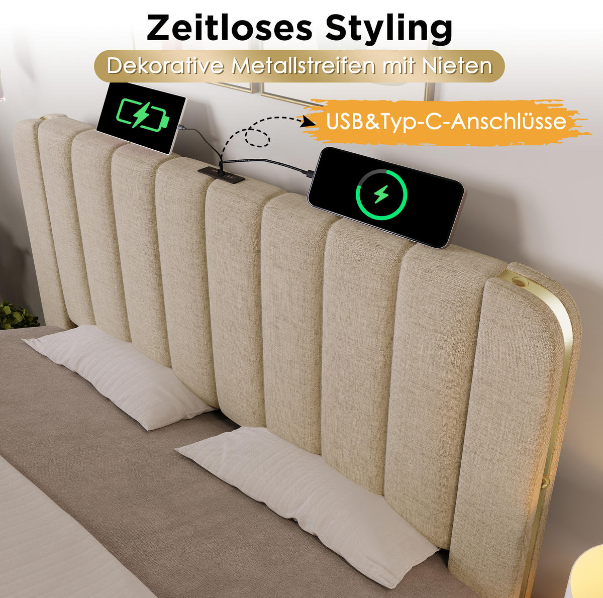 POLSTERBETT 140/200 cm mit USB- und Typ-C-Anschluss, 4 Schubladen und goldfarbenen Zierstreifen, Beige - Beige, Textil (140/200cm) - Redom