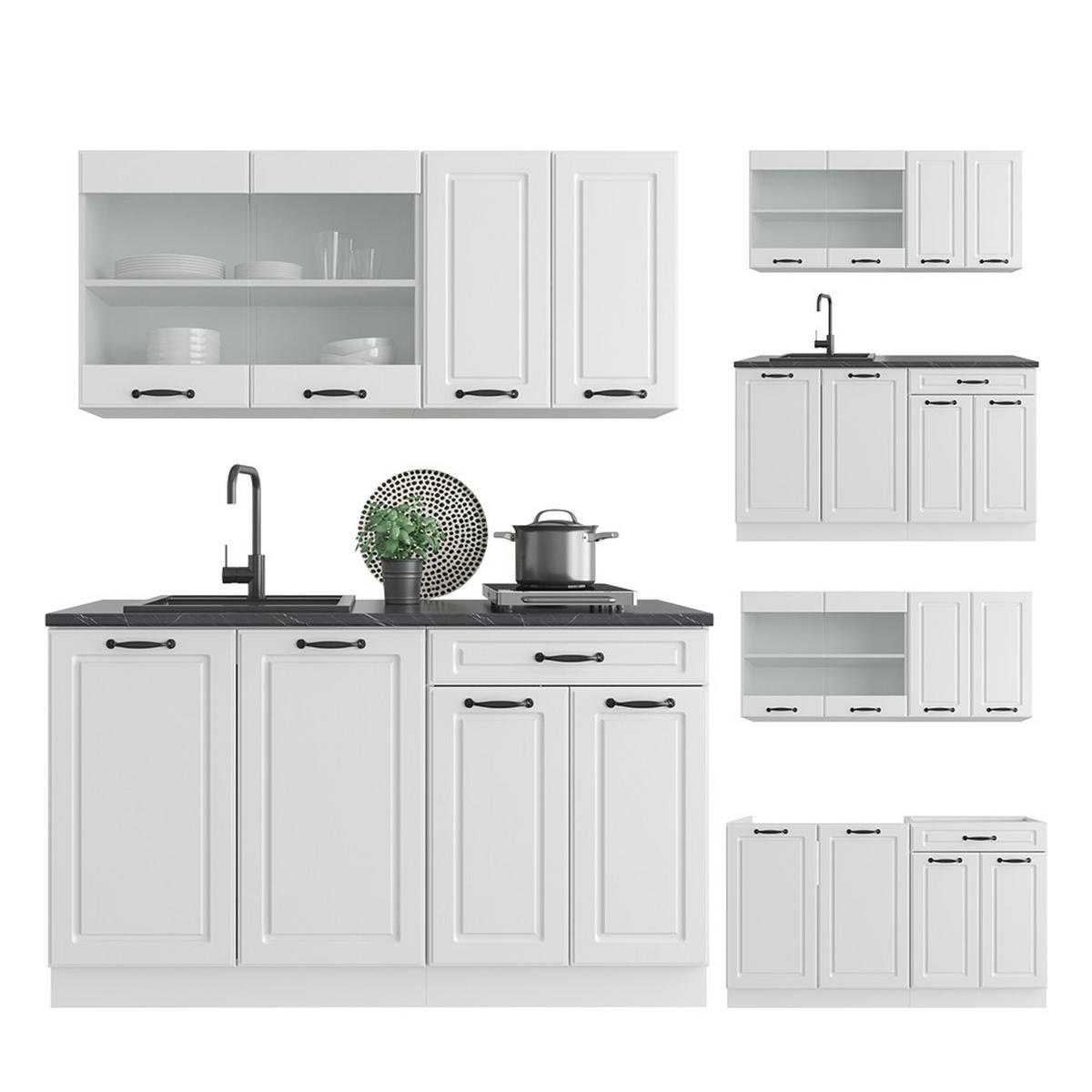 SINGLEKÜCHE R-Line Weiß Landhaus/Weiß 140 cm ohne AP - Creme/Weiß, Holzwerkstoff (140/81.6/46cm) - Vicco