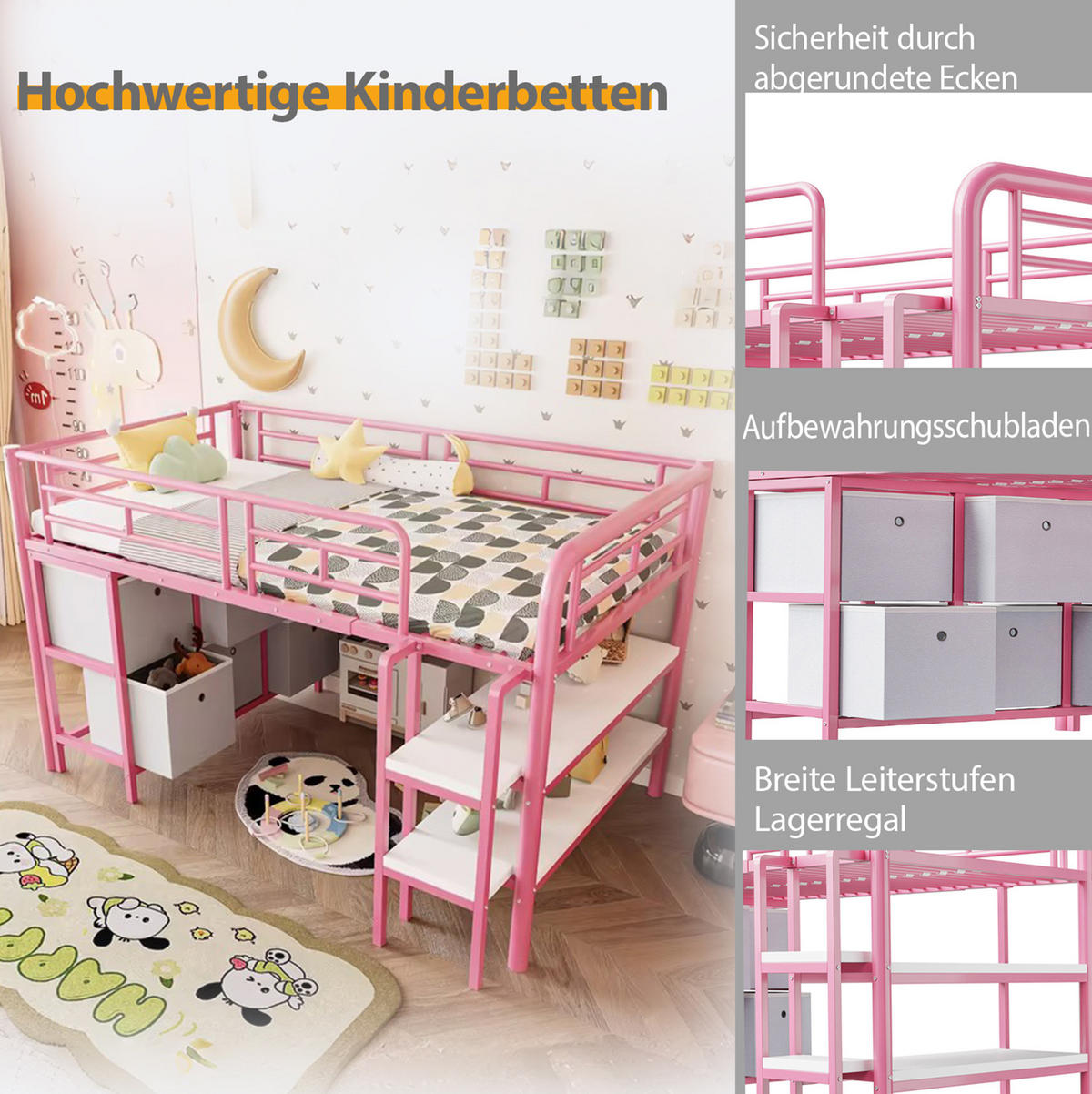 HOCHBETT 90/200 cm aus Metall mit breiter Treppe, Schubladen und Regalen, Rosa/Weiß - Rosa, Metall (90/200cm) - Redom