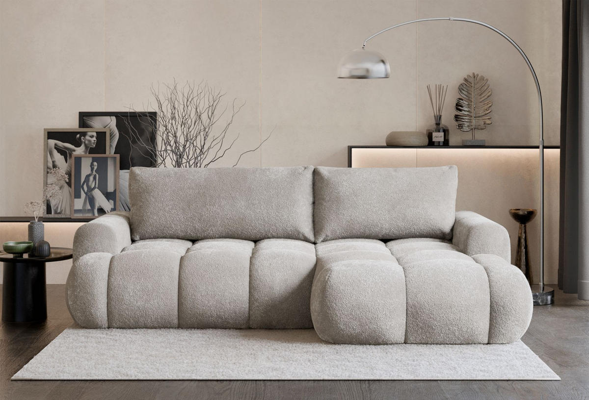 ECKSOFA Ombo Mini, Graubeige Bouclé, rechtsseitig - Taupe/Schwarz, Kunststoff/Textil (256/155cm) - Selsey