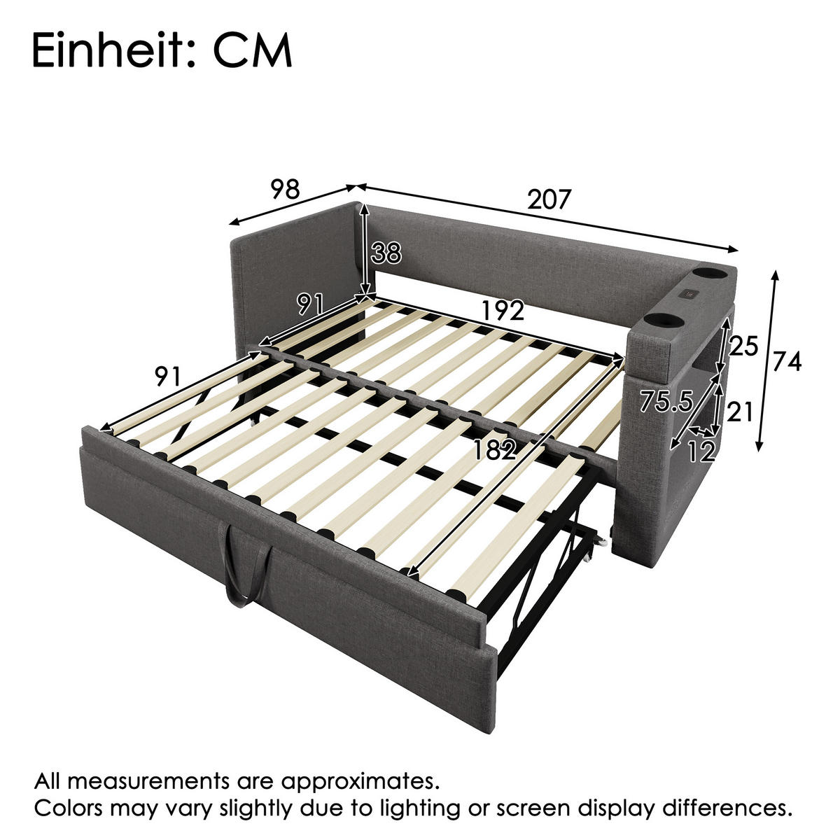 POLSTERBETT 90/190 cm Grau mit Ausziehbett und USB- & Type-C-Anschlüssen - Grau, Textil (90/190cm) - OKWISH