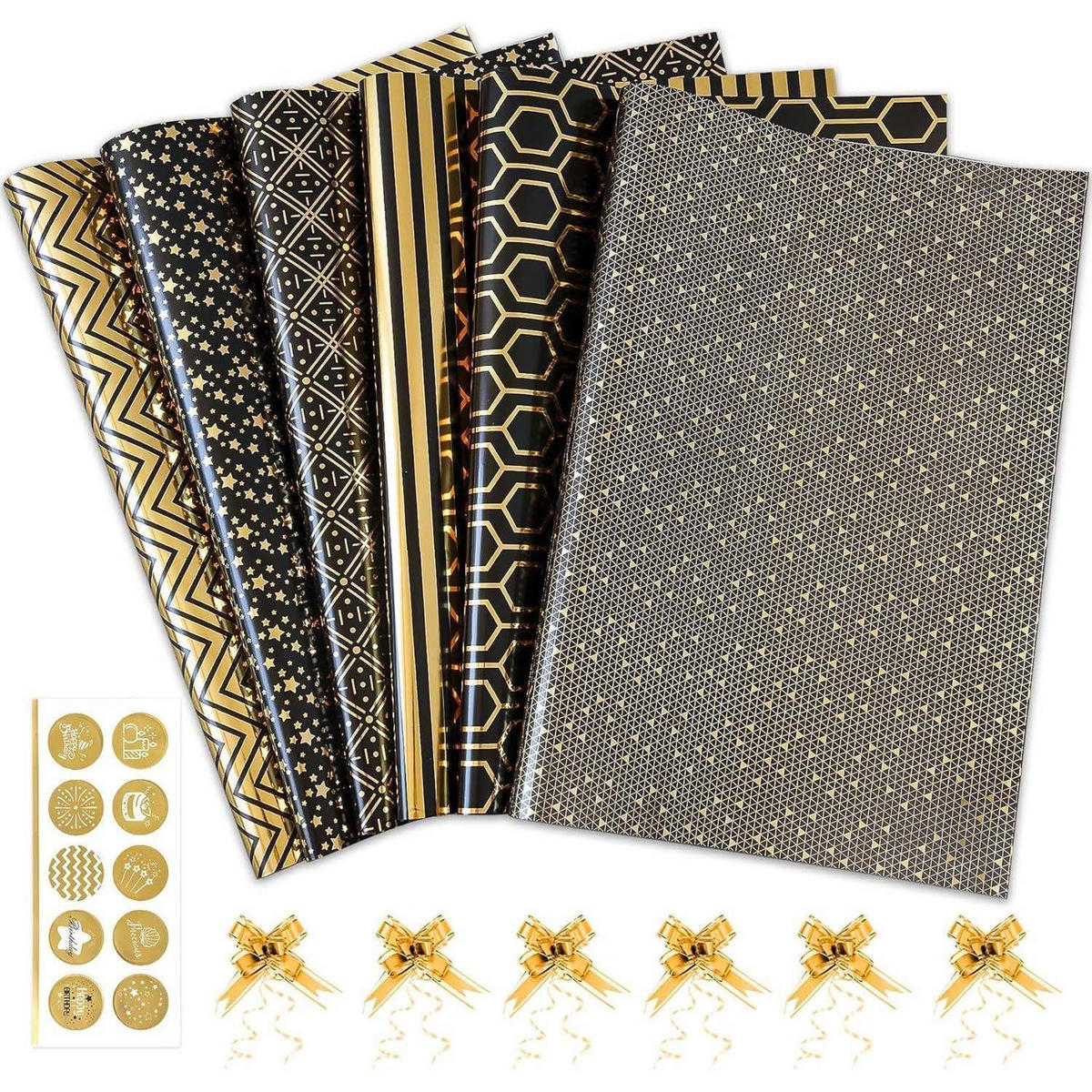 GESCHENKPAPIER Set Schwarz-Gold 6 Blatt 70 x 50 cm - Multicolor, Papier (50/50/70cm)