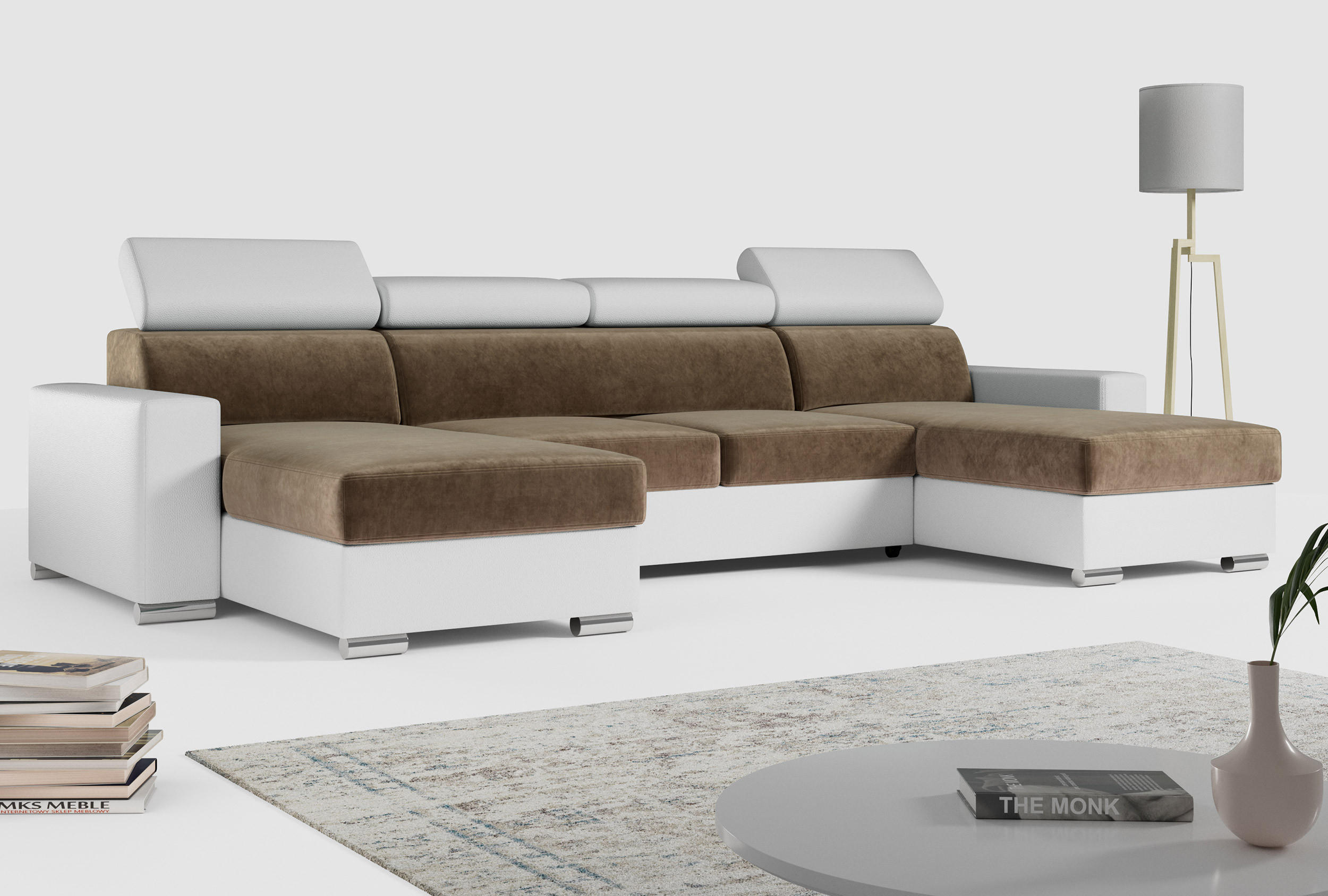 WOHNLANDSCHAFT FOX U Braun/Weiß - Velvet/Kunstleder - Silberfarben/Braun, Kunststoff/Textil (306/98/168cm) - MKS