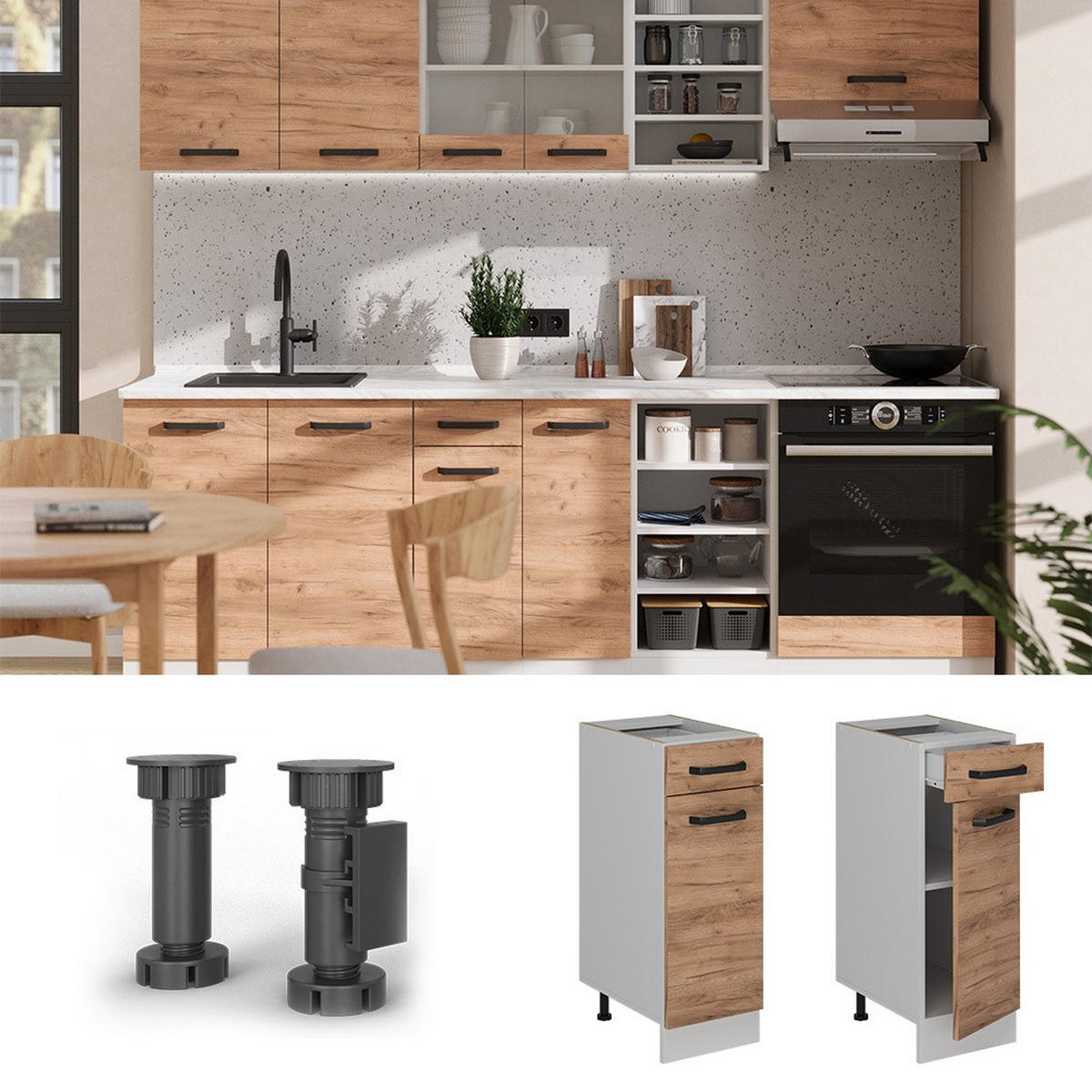 KÜCHENUNTERSCHRANK R-Line Goldkraft Eiche 30 cm AP Marmor - Honigeiche/Weiß, Holzwerkstoff (30/81.6/60cm) - Vicco