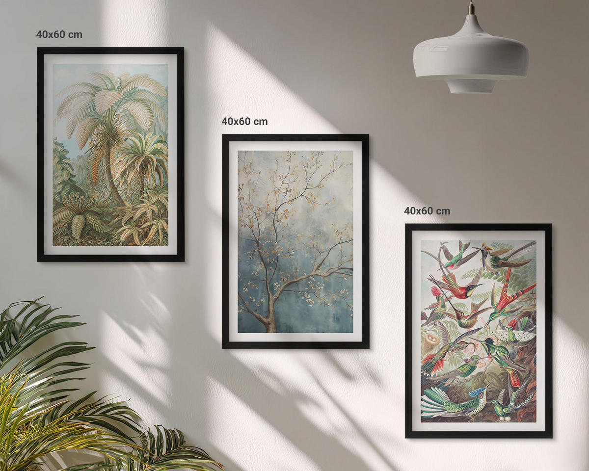 BILDER SET 3er Set - 40x60 cm Schwarzer Rahmen - Tropische Pflanzen, Vögel, Natur - Schwarz, Kunststoff (40/60cm) - TULUP