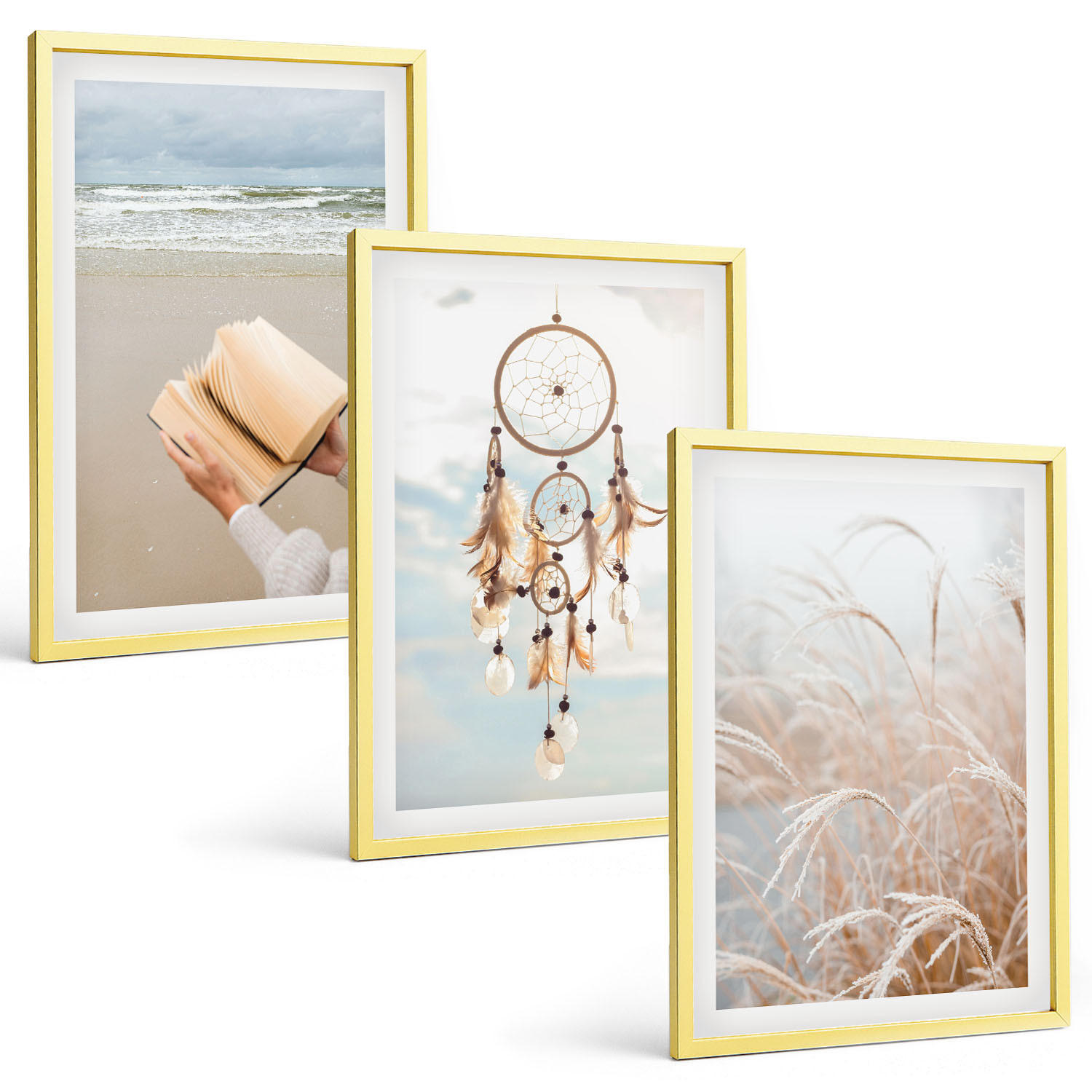 BILDER SET 3er Set - 40x60 cm Goldrahmen - Friedliche sommerliche Boho-Landschaften - Goldfarben, Kunststoff (40/60cm) - TULUP