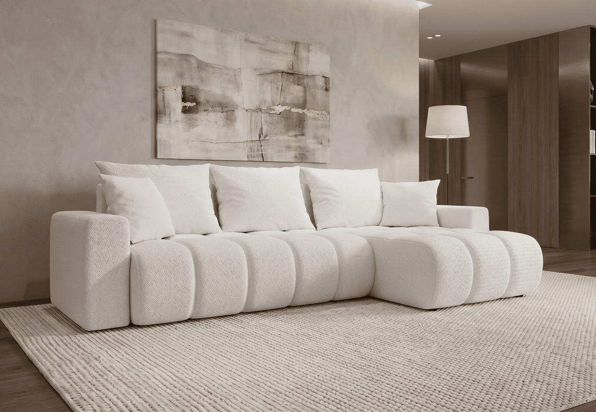 ECKSOFA GERRO Schlaffunktion Bettkasten Universal Boucle Weiß - Weiß, Textil (237/142cm) - Luxkor24