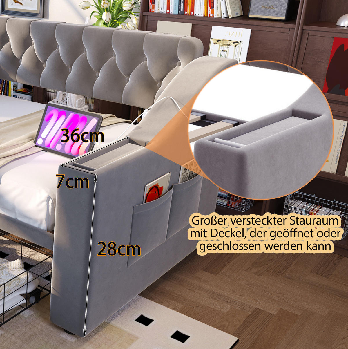 POLSTERBETT 90/190 cm aus Samt mit Stauraum und USB- und Type-C-Anschlüssen - Hellgrau, Textil (90/190cm) - Flora Grace