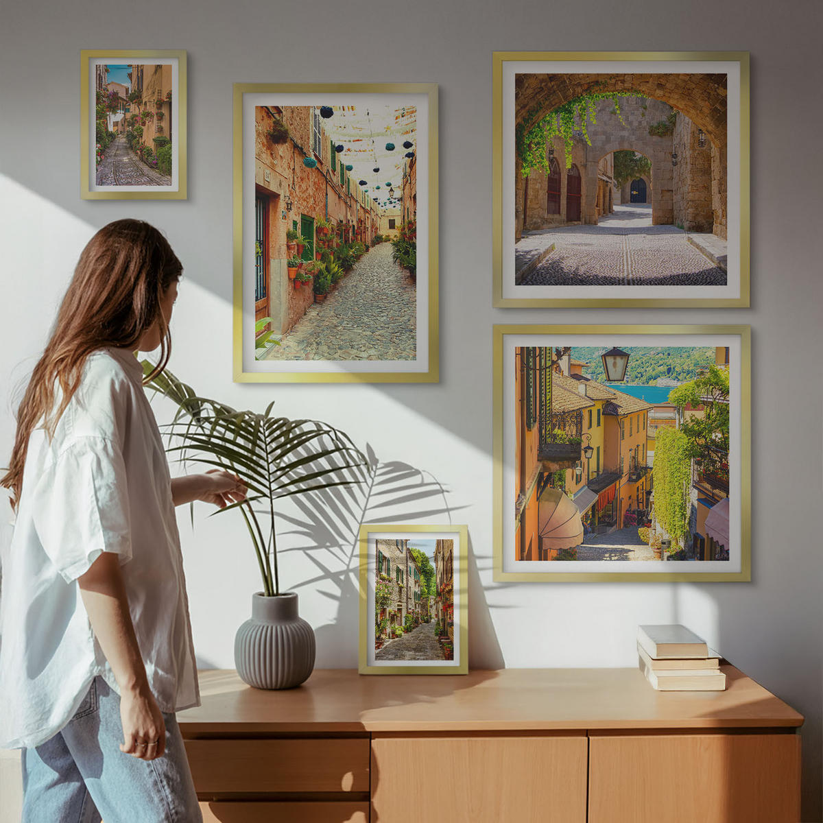 BILDER SET 5er Set - 50x50 cm & 20x30 cm & 40x60 cm Goldrahmen - Italienische Straßen, Blumen, Architektur - Goldfarben, Kunststoff (40/60cm) - TULUP