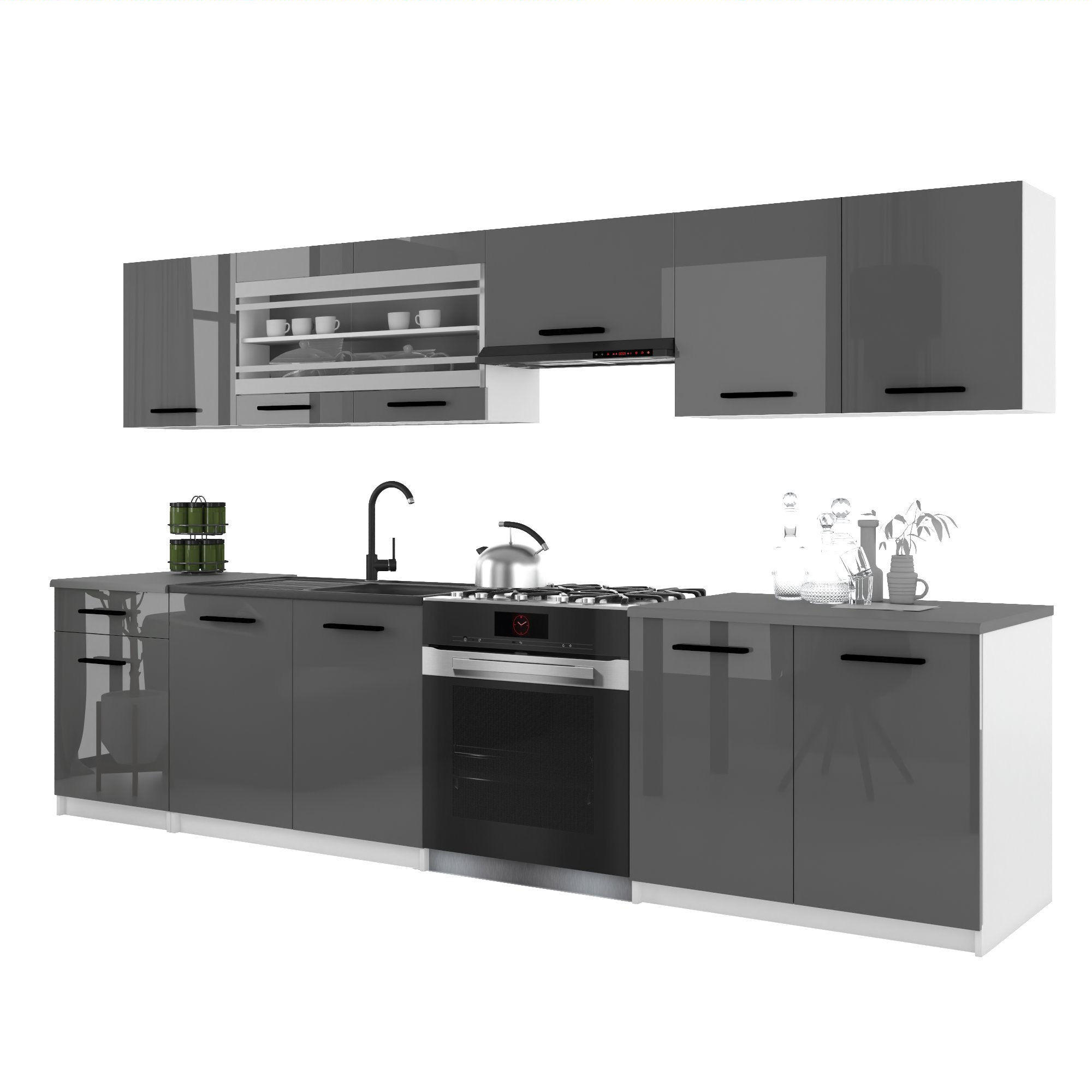 KÜCHENZEILE Italia 4 260 cm, mit Arbeitsplatten, Grau Hochglanz - Grau, Holz (260/143/60cm) - B BELINI GROUP