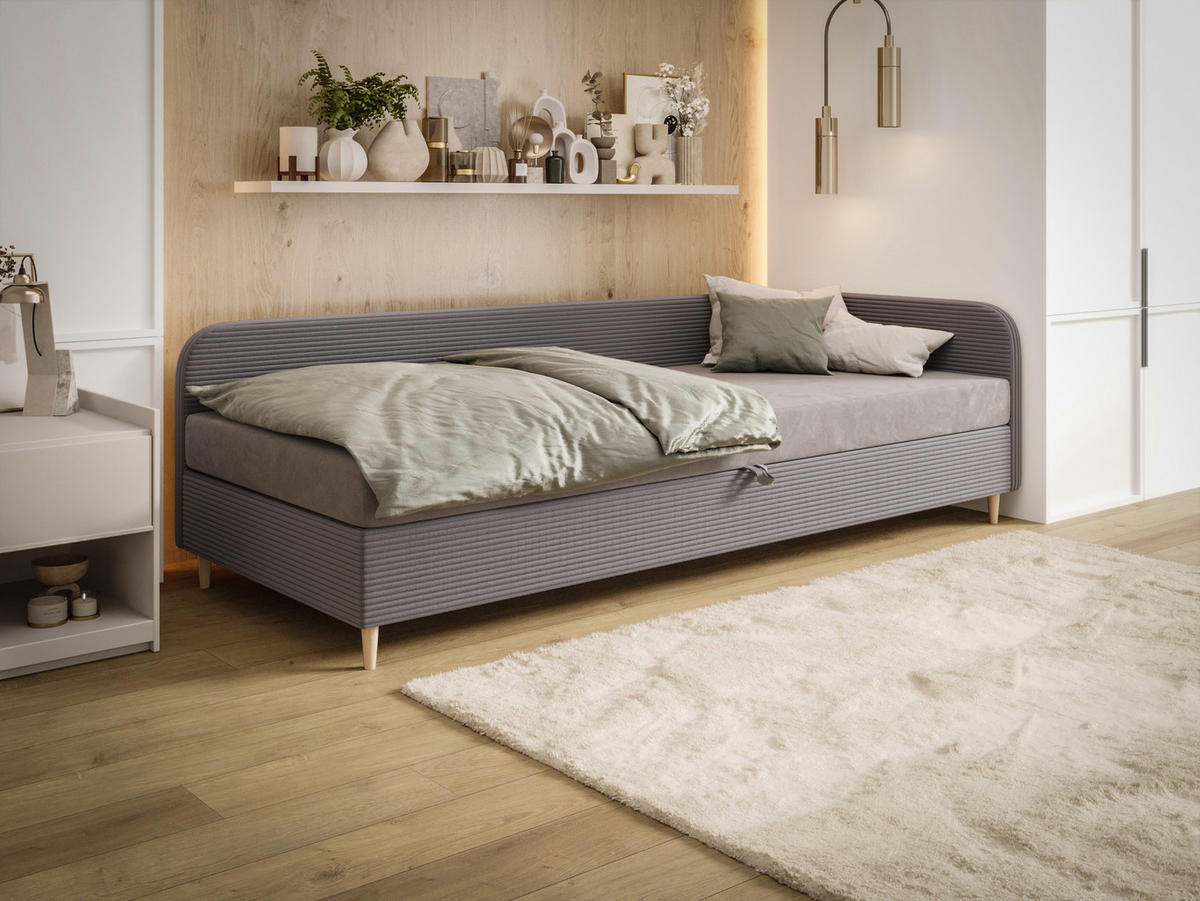 BOXBETT MIKO 90x200 mit Matratze H3, Bonell und Topper RIVIERA 91+LINCOLN 90 - Grau, Textil (90/200cm) - Bedante